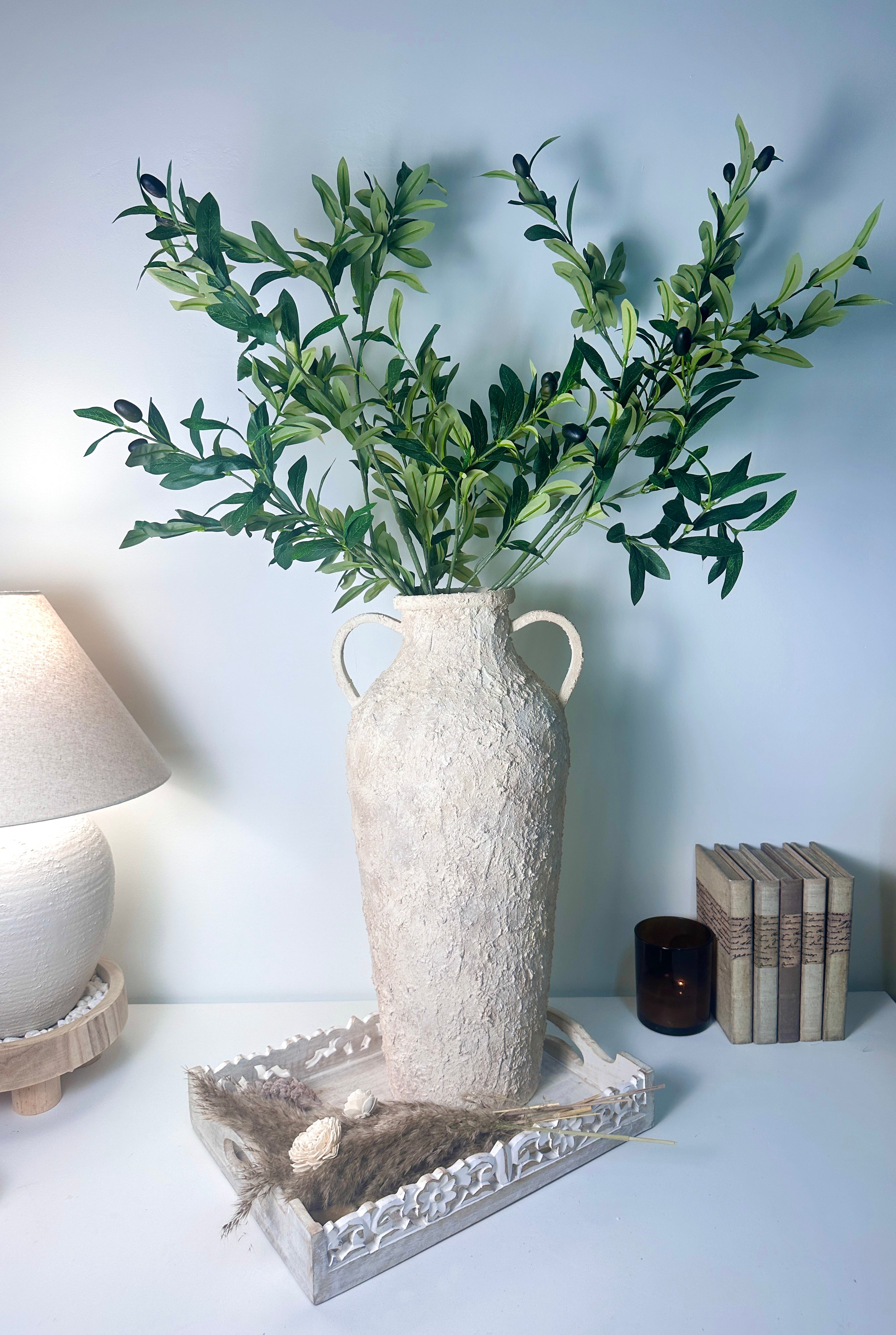 Minimalist Amphora Floor Vase Metal Textured Hand-Painted 22.5" tall - Cream Wash
