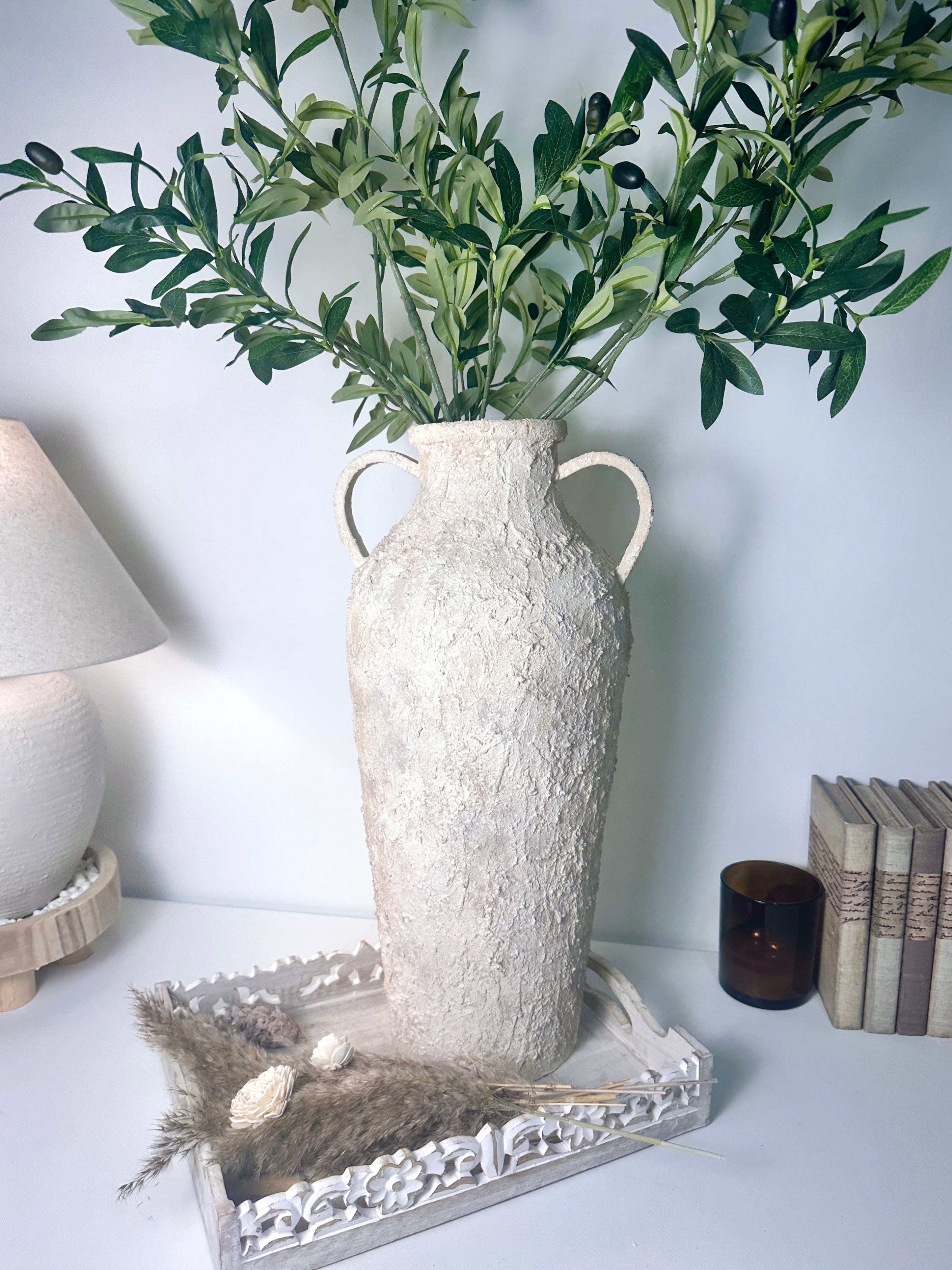 Minimalist Amphora Floor Vase Metal Textured Hand-Painted 22.5" tall - Cream Wash