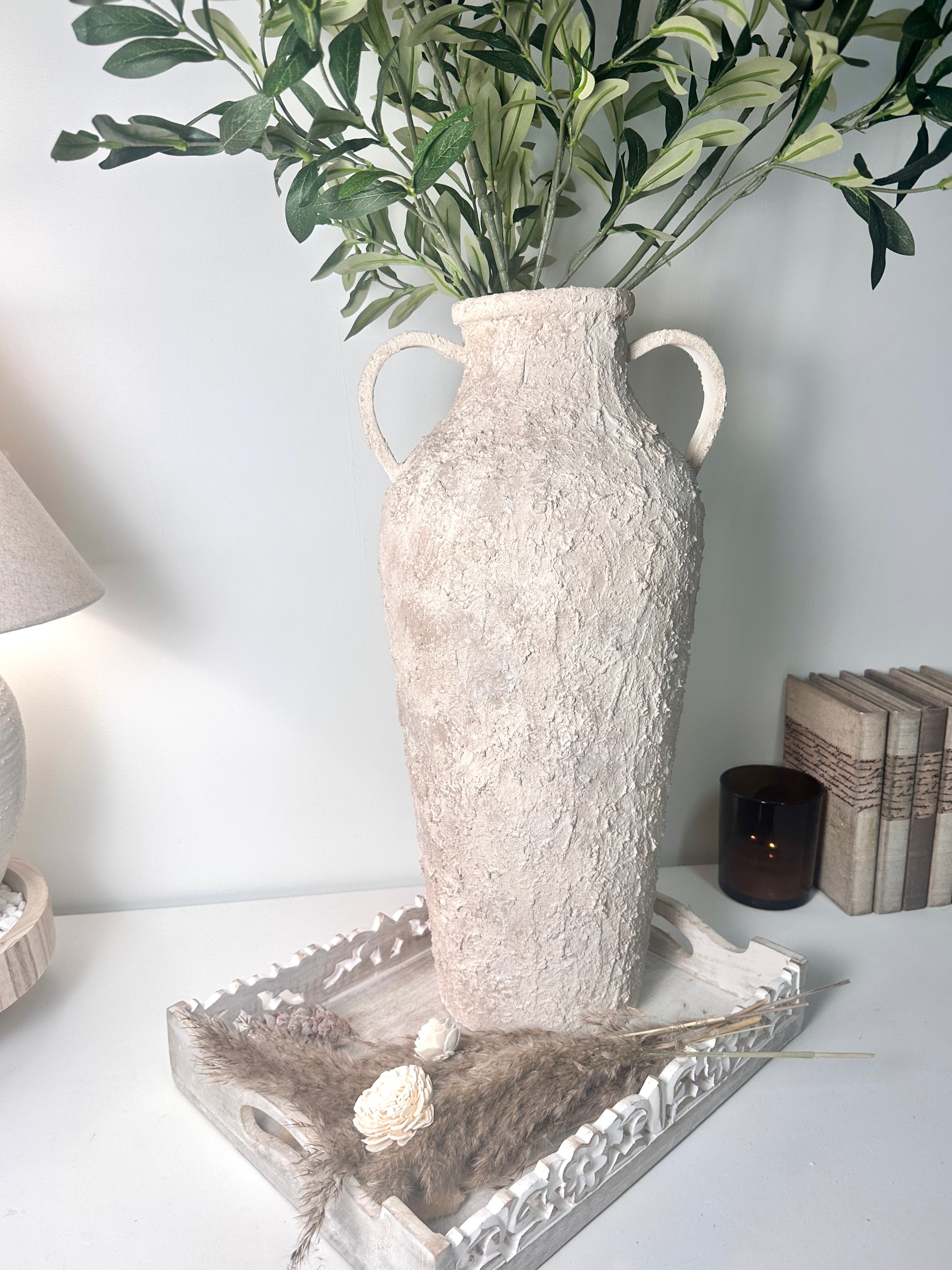 Minimalist Amphora Floor Vase Metal Textured Hand-Painted 22.5" tall - Cream Wash