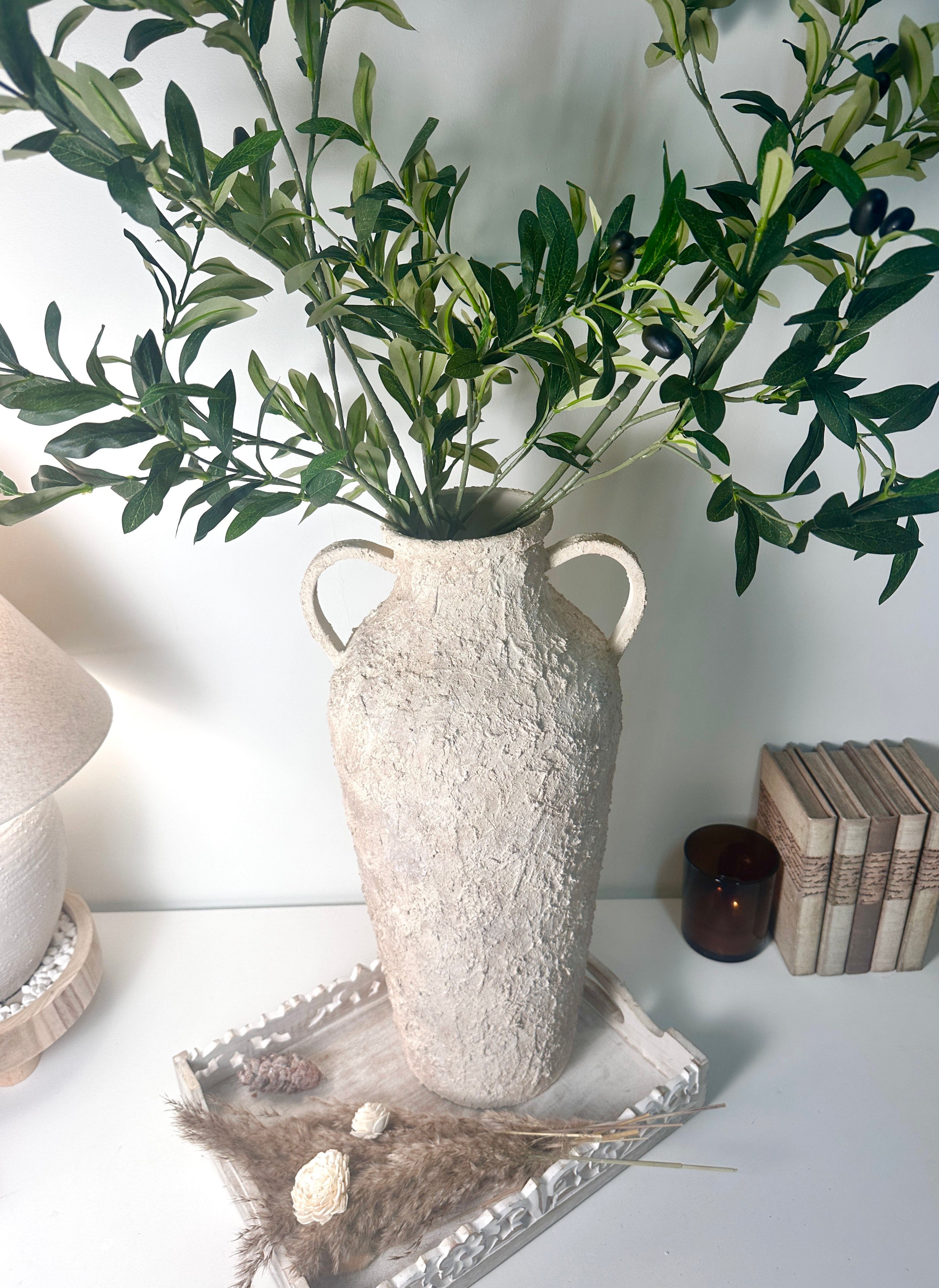 Minimalist Amphora Floor Vase Metal Textured Hand-Painted 22.5" tall - Cream Wash