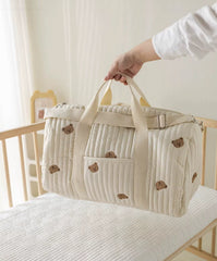 Quilted Diaper Bag with Bear Pattern, Large Capacity Travel Tote, Beige