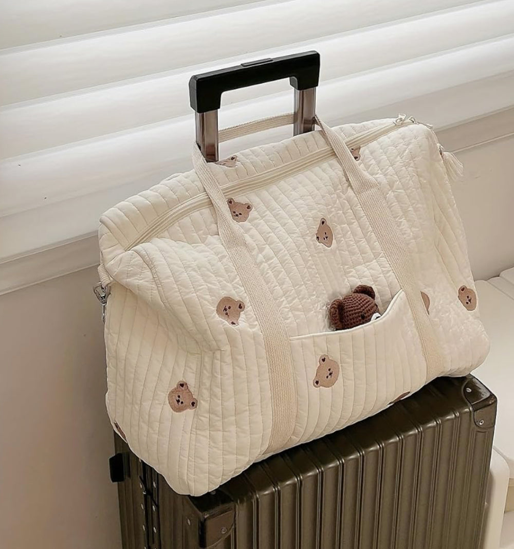 Quilted Diaper Bag with Bear Pattern, Large Capacity Travel Tote, Beige