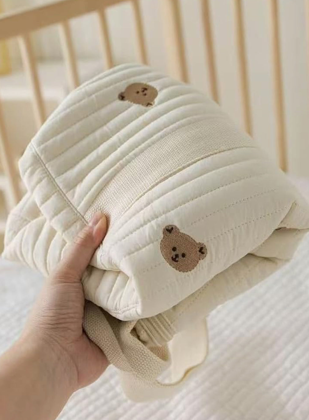 Quilted Diaper Bag with Bear Pattern, Large Capacity Travel Tote, Beige