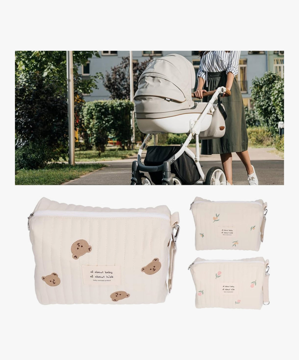 Baby Small Diaper Bear Bag, Mini Stroller Storage Bag, Quilted Cotton Cute Bag for Travel, Organizer Pouch 10x6x1in