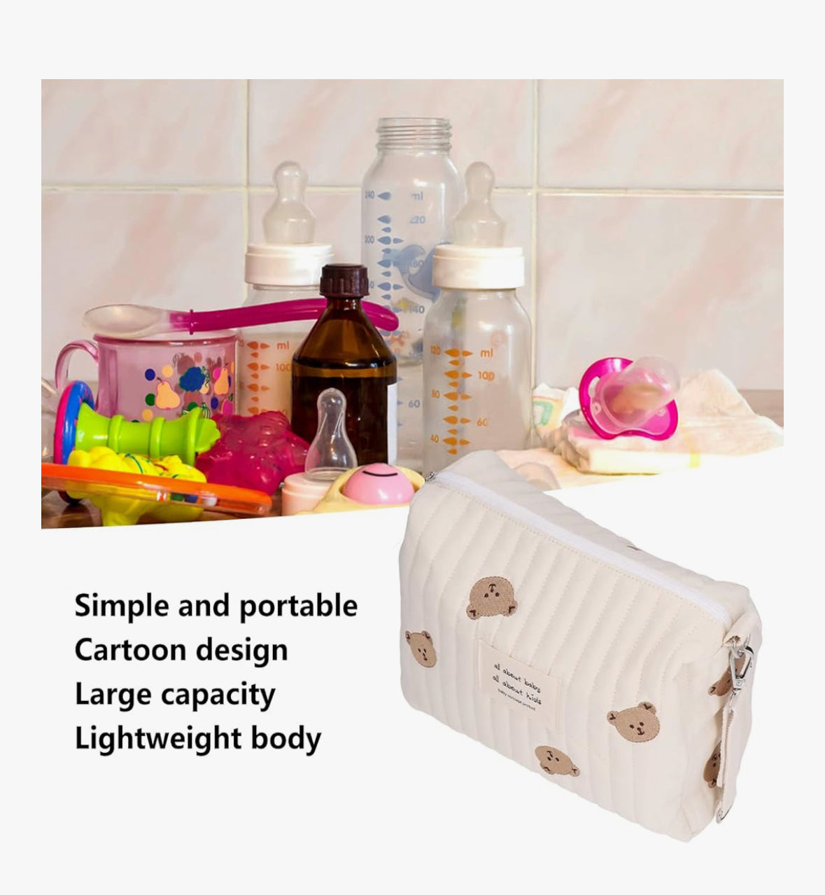Baby Small Diaper Bear Bag, Mini Stroller Storage Bag, Quilted Cotton Cute Bag for Travel, Organizer Pouch 10x6x1in
