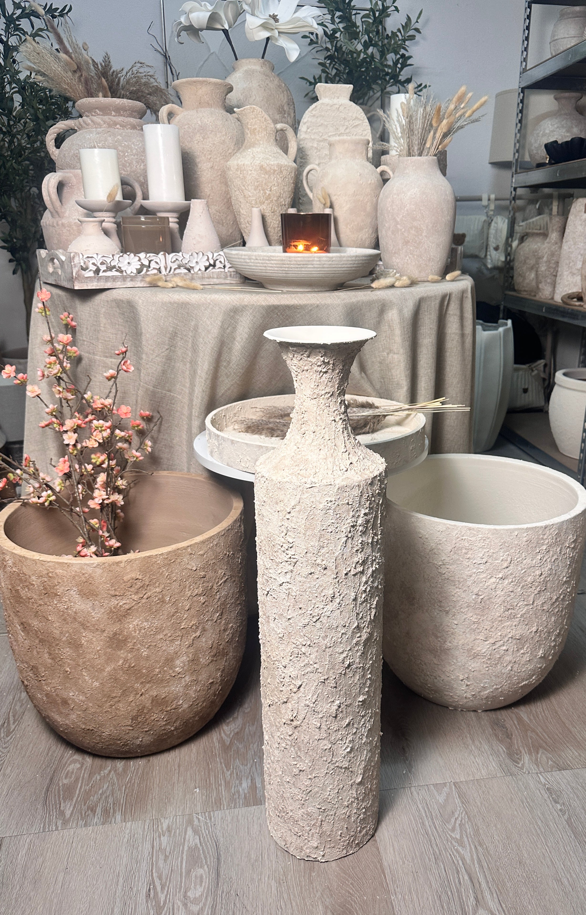 Minimalist Hand-painted Metal Textured Decorative Floor Vase 30"  - Cream wash
