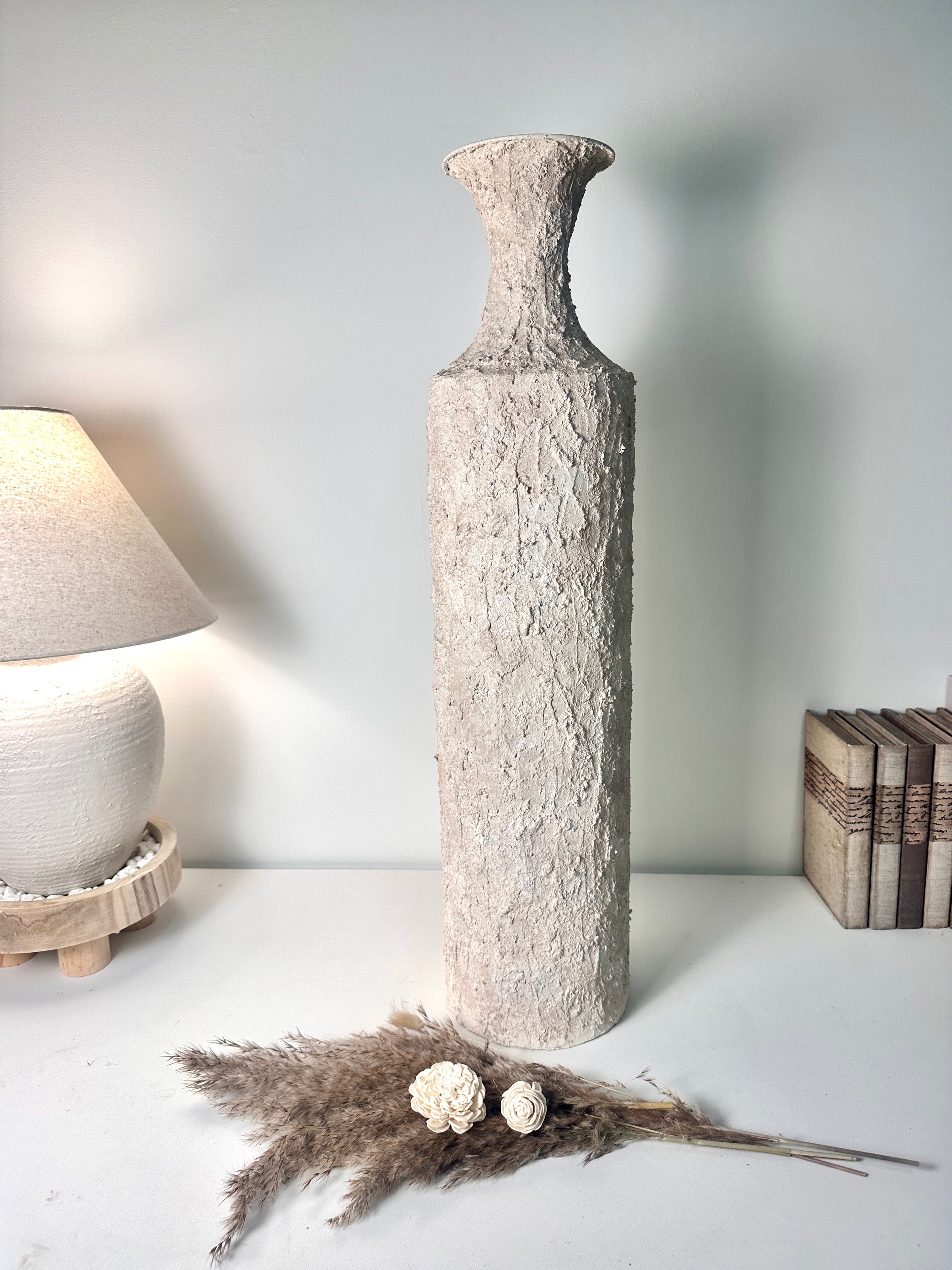 Minimalist Hand-painted Metal Textured Decorative Floor Vase 30"  - Cream wash