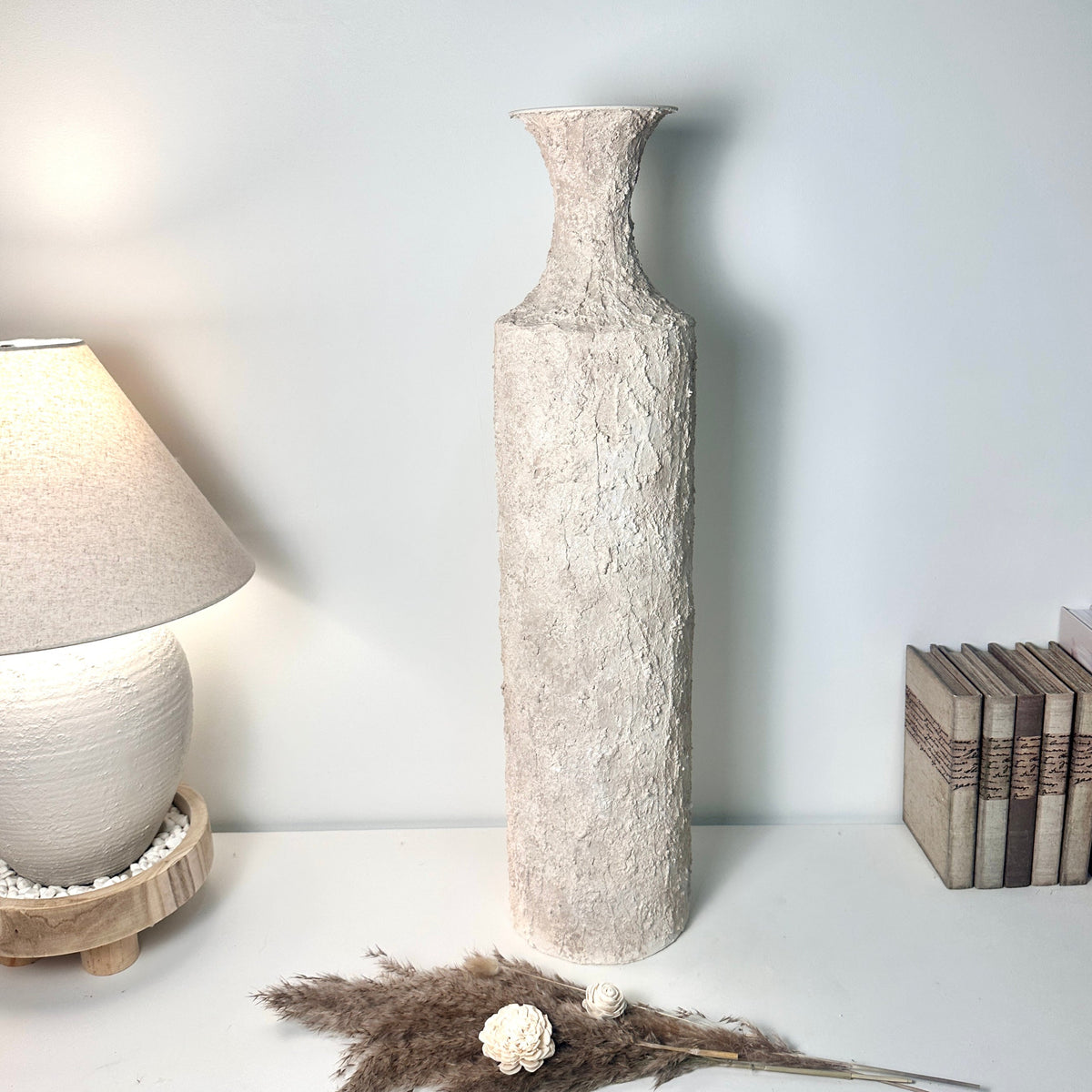 Minimalist Hand-painted Metal Textured Decorative Floor Vase 30"  - Cream wash