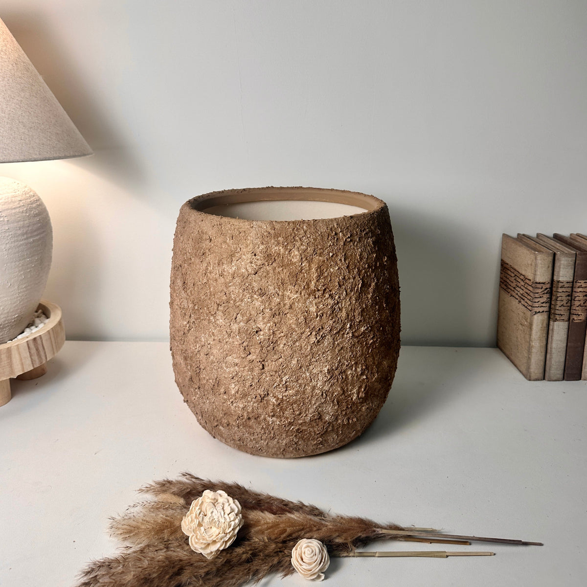 12.5" Tall Minimalist Hand-Painted & Textured Planter Pot with Drainage Hole - Espresso Brown wash