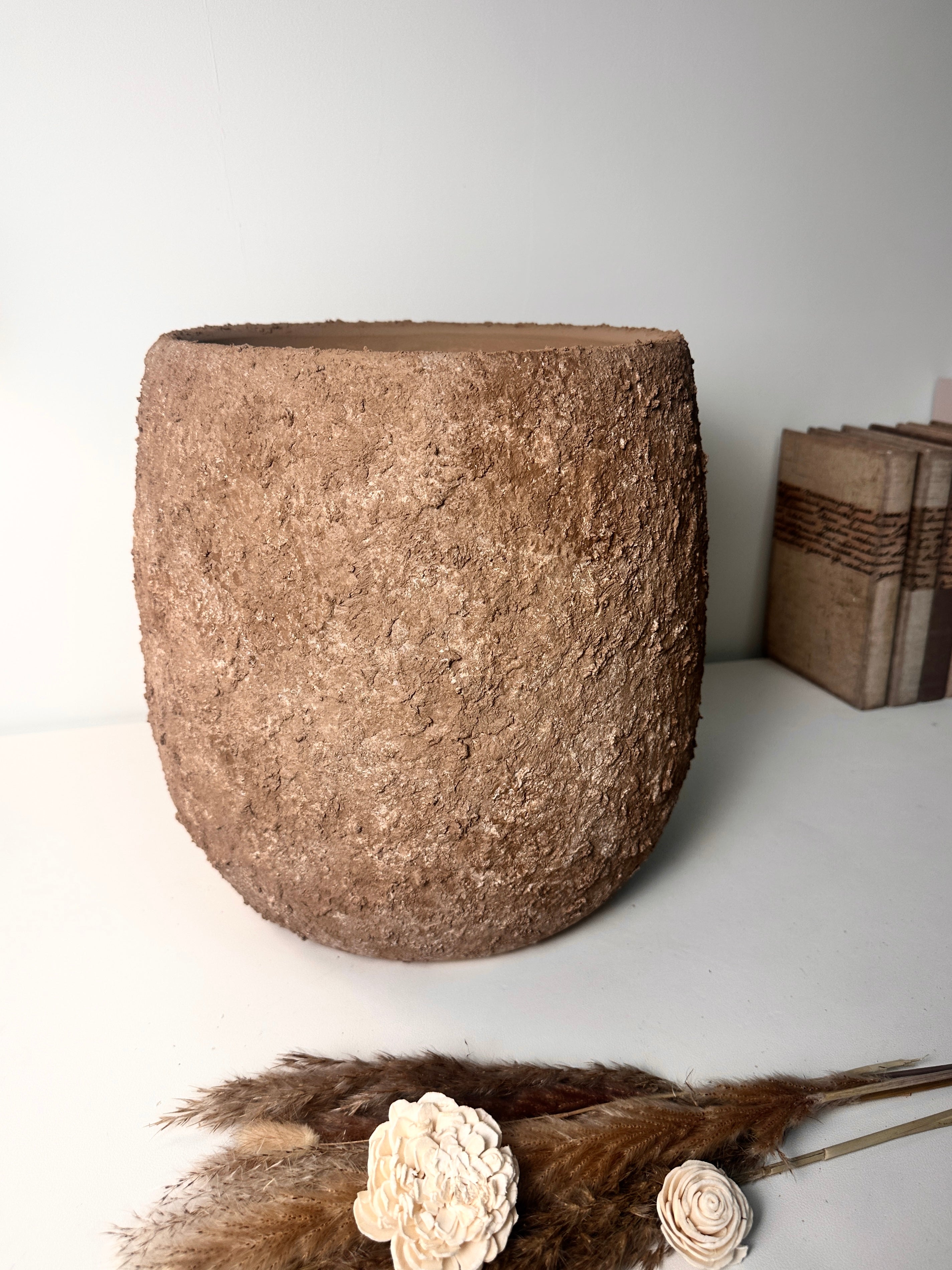 12.5" Tall Minimalist Hand-Painted & Textured Planter Pot with Drainage Hole - Espresso Brown wash