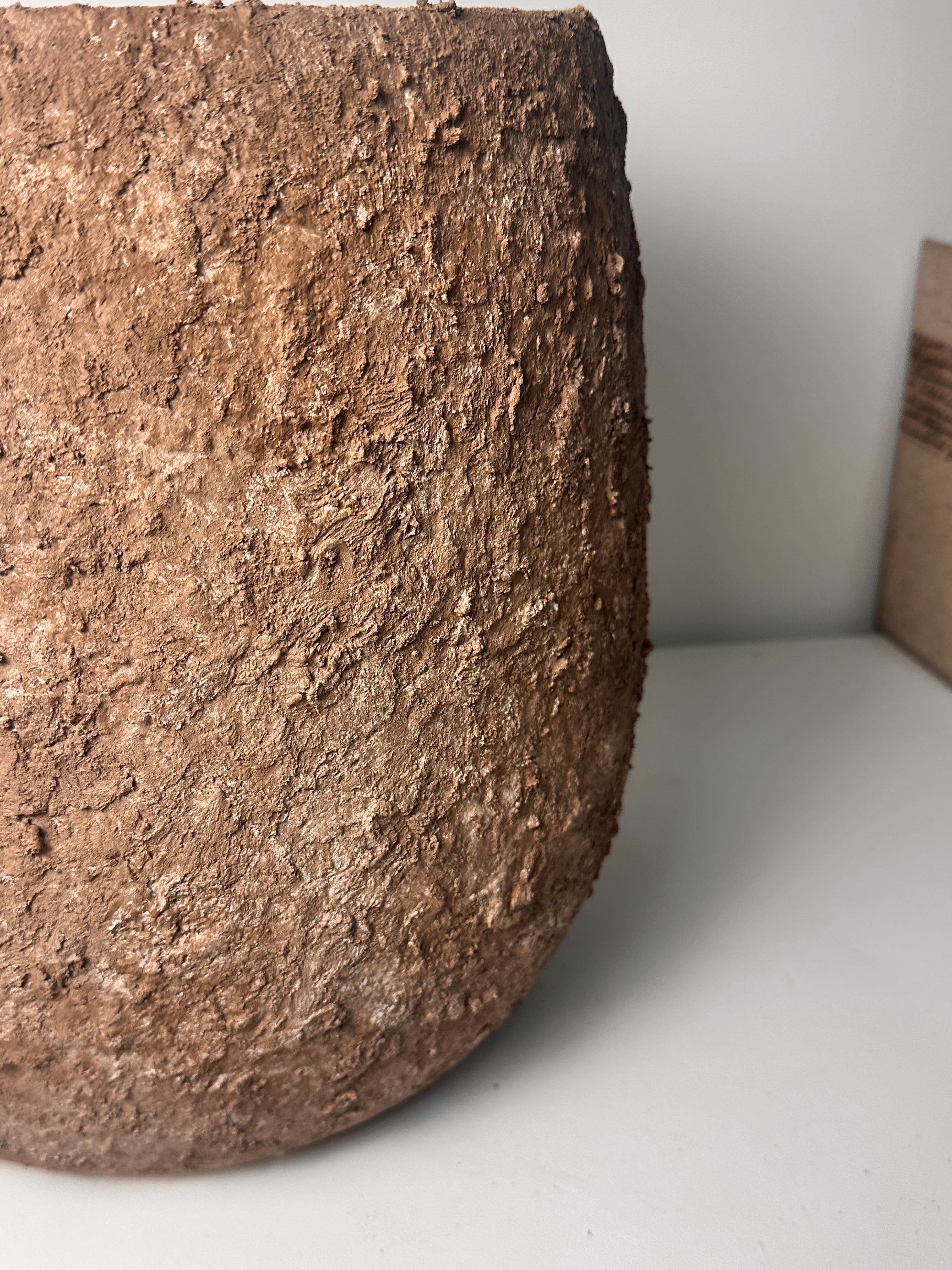 12.5" Tall Minimalist Hand-Painted & Textured Planter Pot with Drainage Hole - Espresso Brown wash