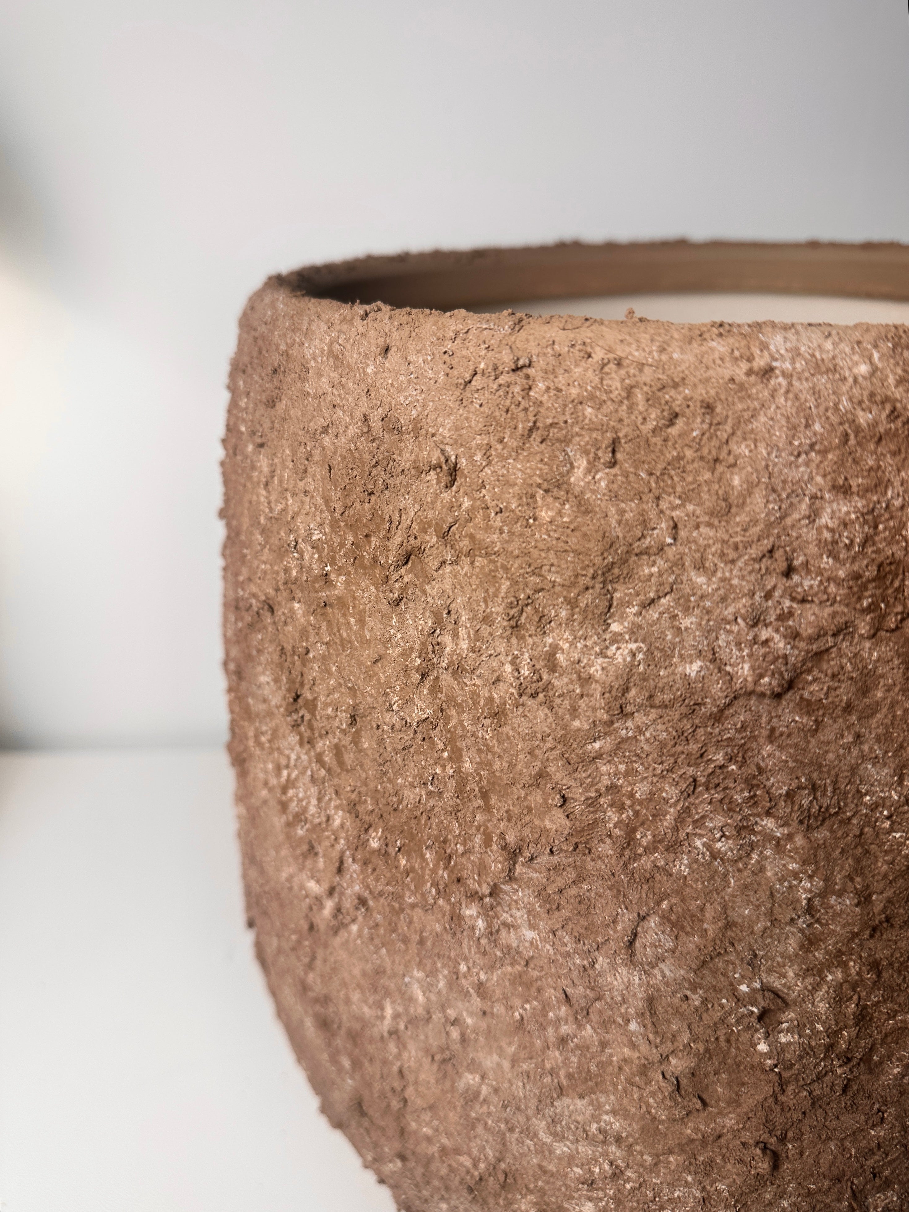 12.5" Tall Minimalist Hand-Painted & Textured Planter Pot with Drainage Hole - Espresso Brown wash