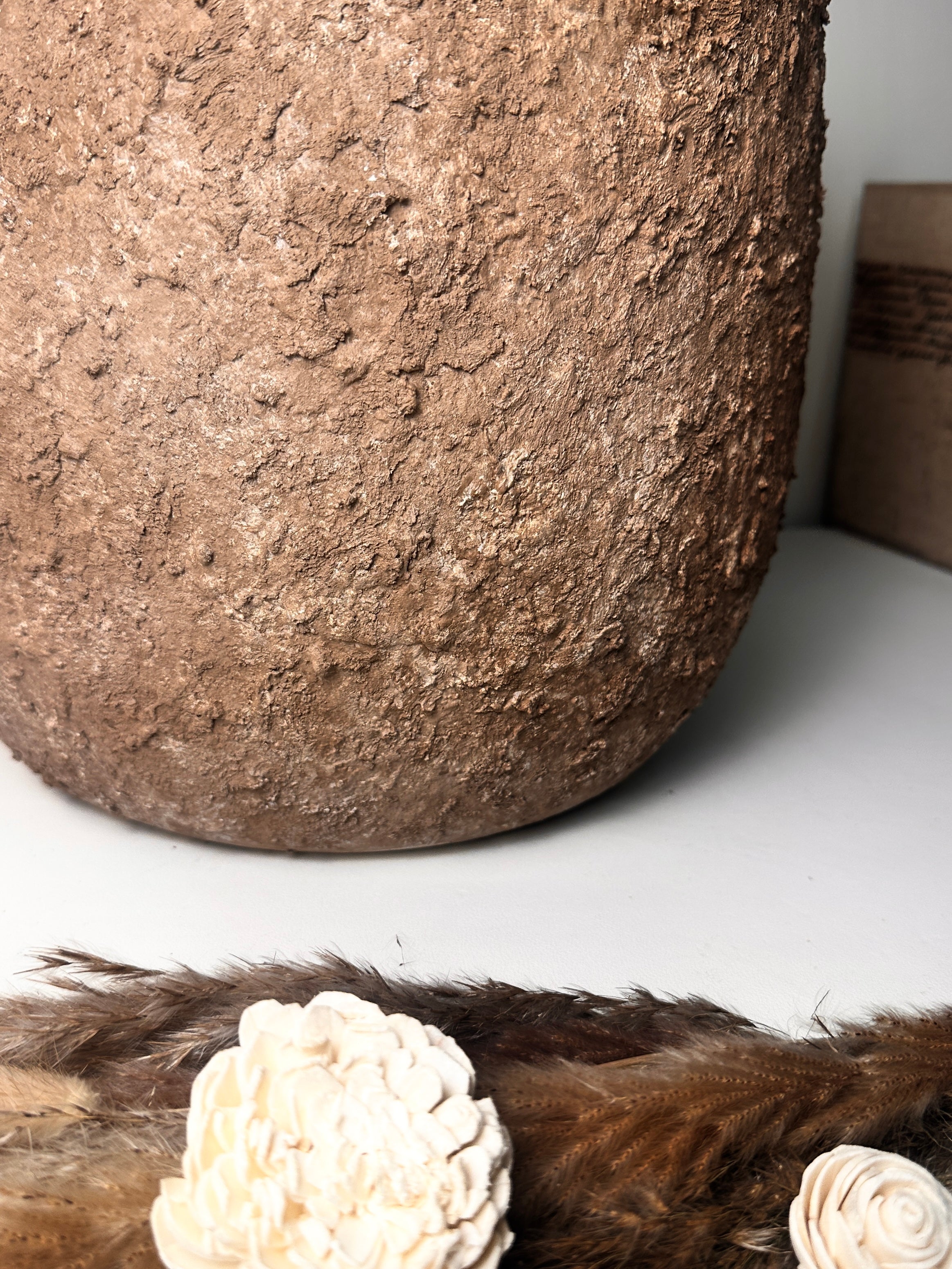 12.5" Tall Minimalist Hand-Painted & Textured Planter Pot with Drainage Hole - Espresso Brown wash
