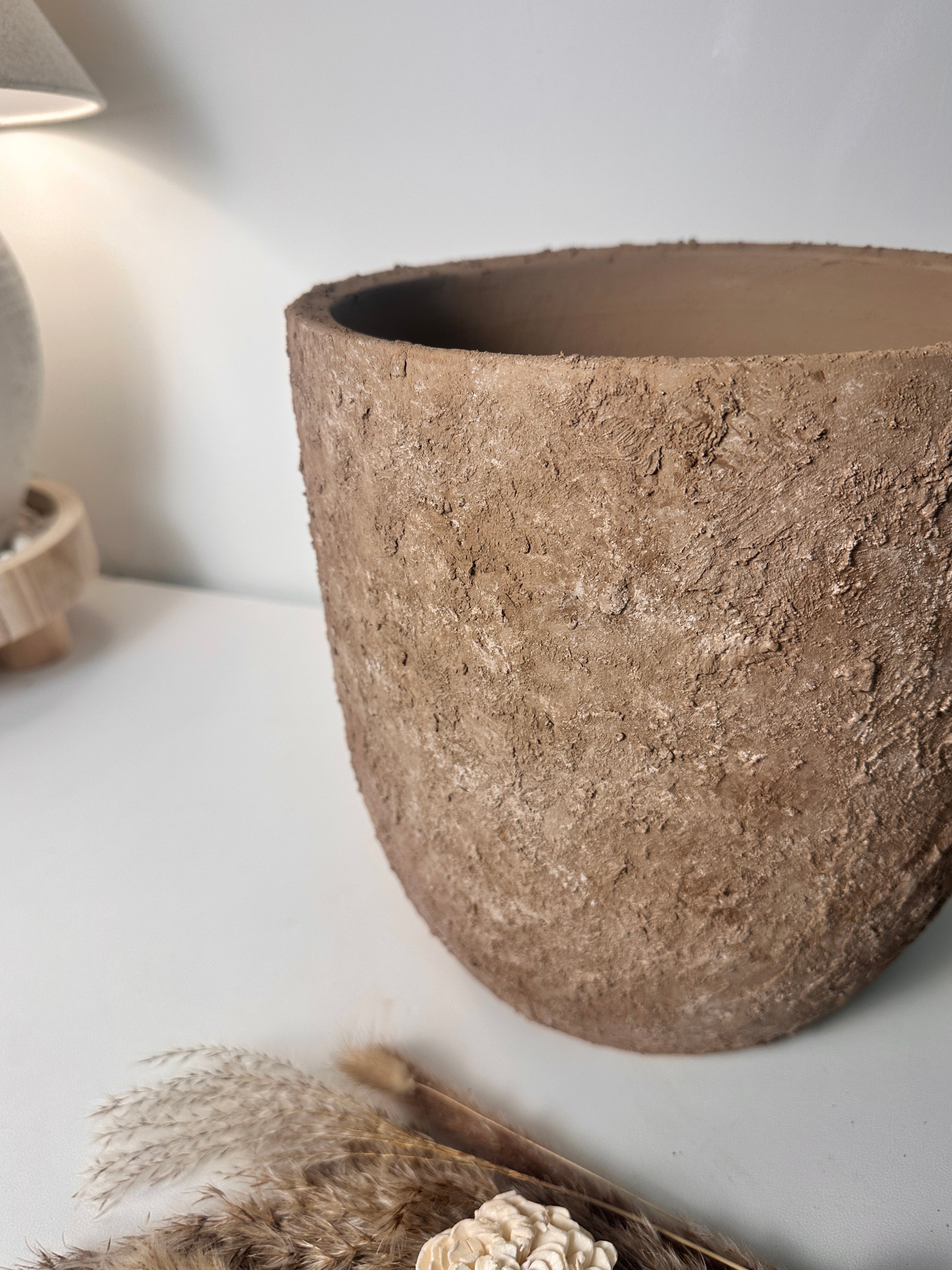 Minimalist Hand-Painted & Textured Planter Pot 11" tall with drainage hole - Espresso Brown wash