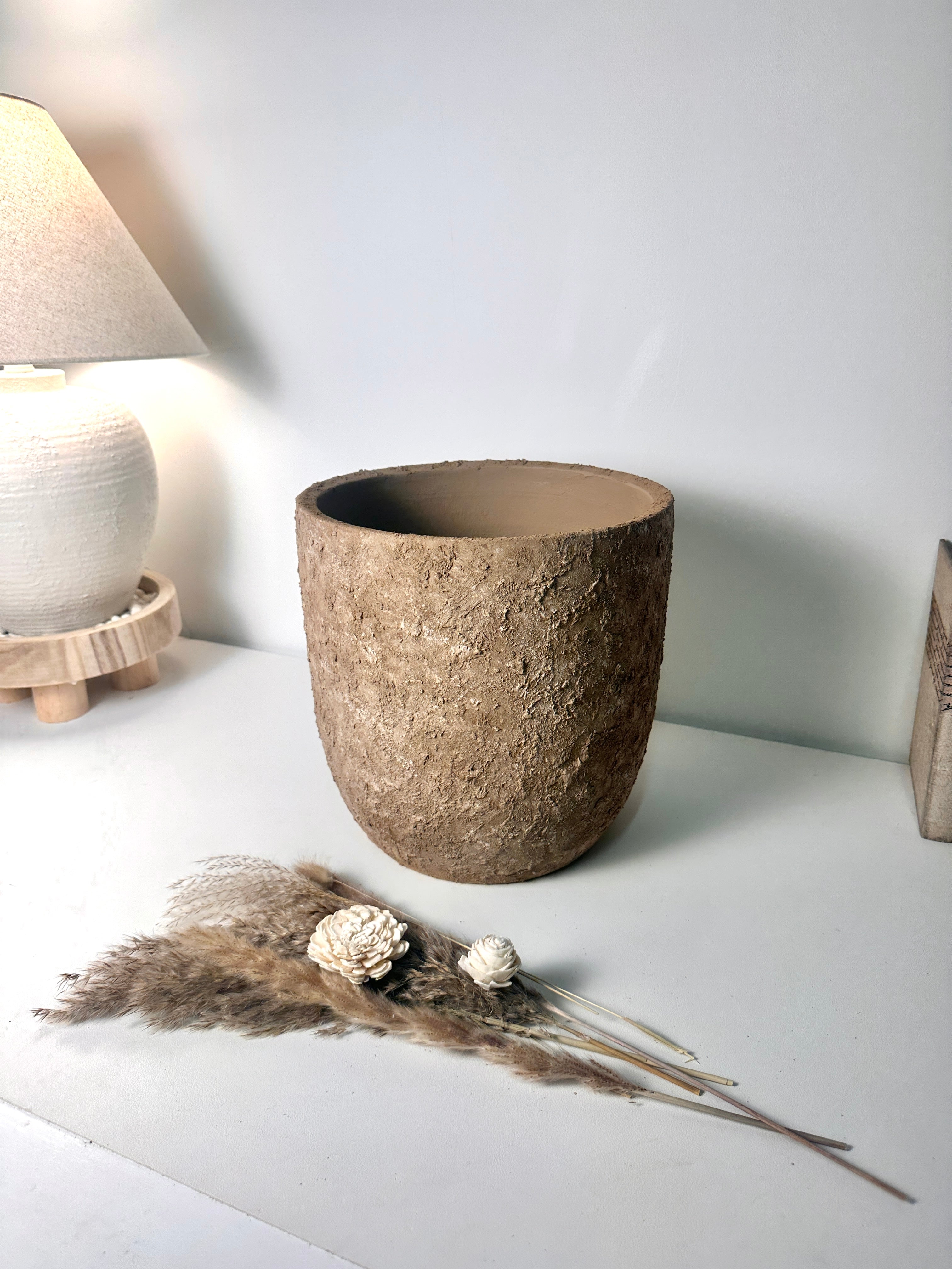 Minimalist Hand-Painted & Textured Planter Pot 11" tall with drainage hole - Espresso Brown wash