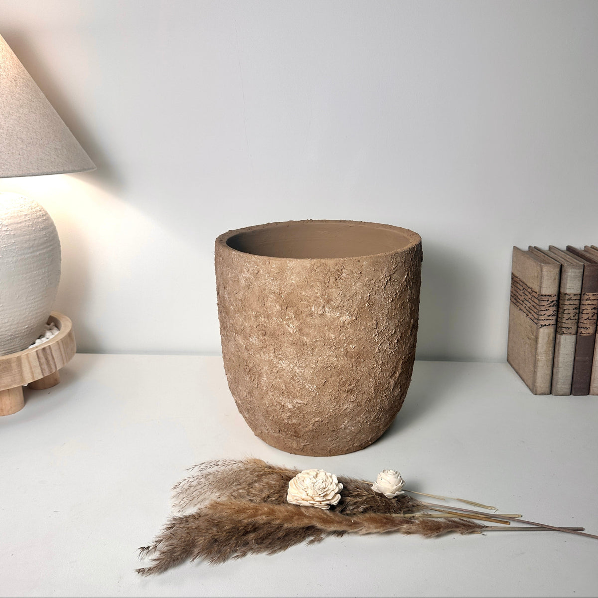 Minimalist Hand-Painted & Textured Planter Pot 11" tall with drainage hole - Espresso Brown wash