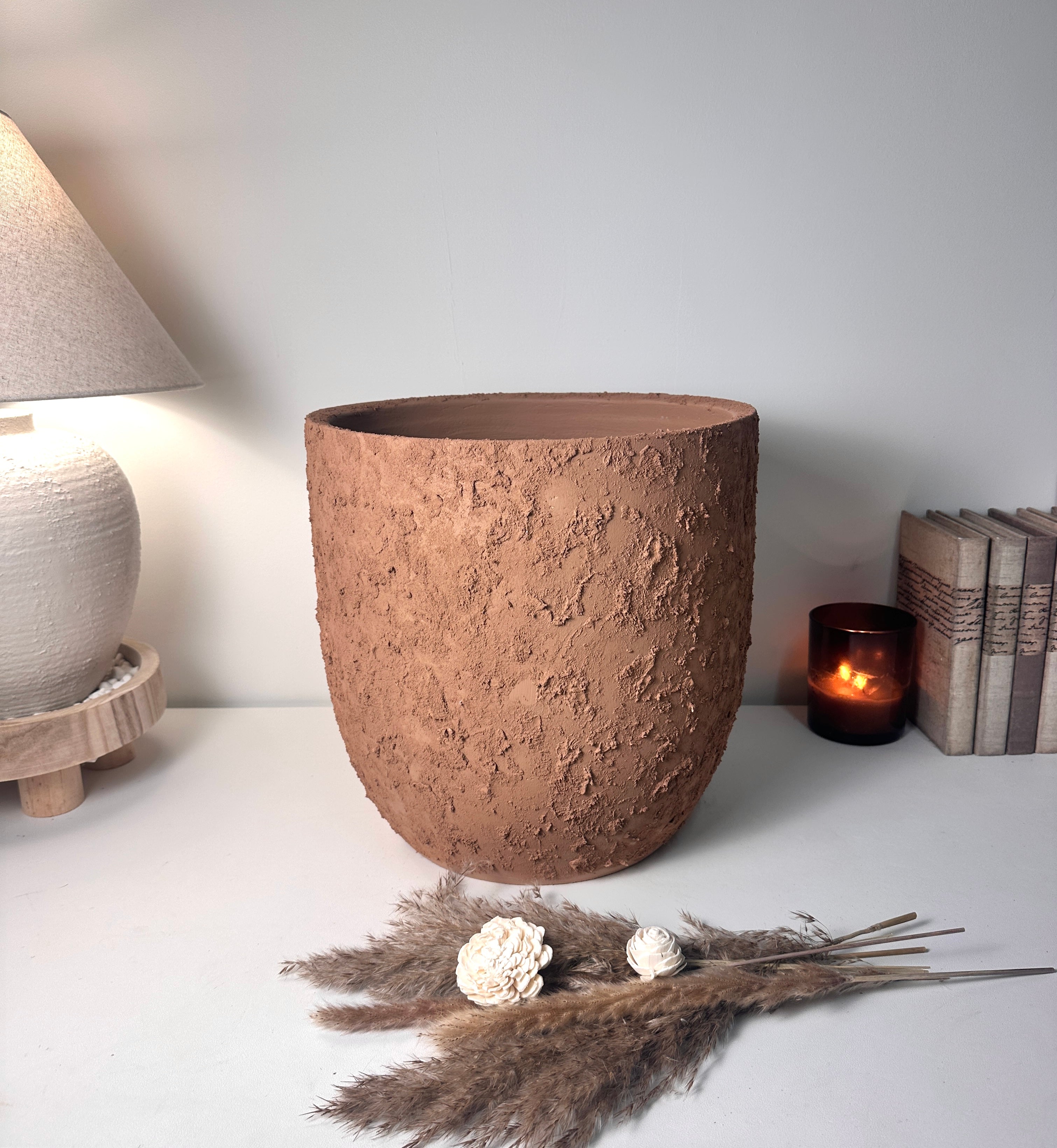 13.5" Minimalist Hand-Painted & Textured Planter Pot with Drainage Hole -Terracotta Brown