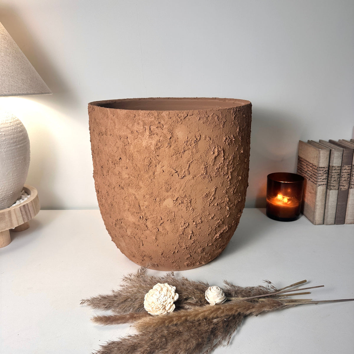13.5" Minimalist Hand-Painted & Textured Planter Pot with Drainage Hole -Terracotta Brown