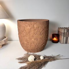 13.5" Minimalist Hand-Painted & Textured Planter Pot with Drainage Hole -Terracotta Brown