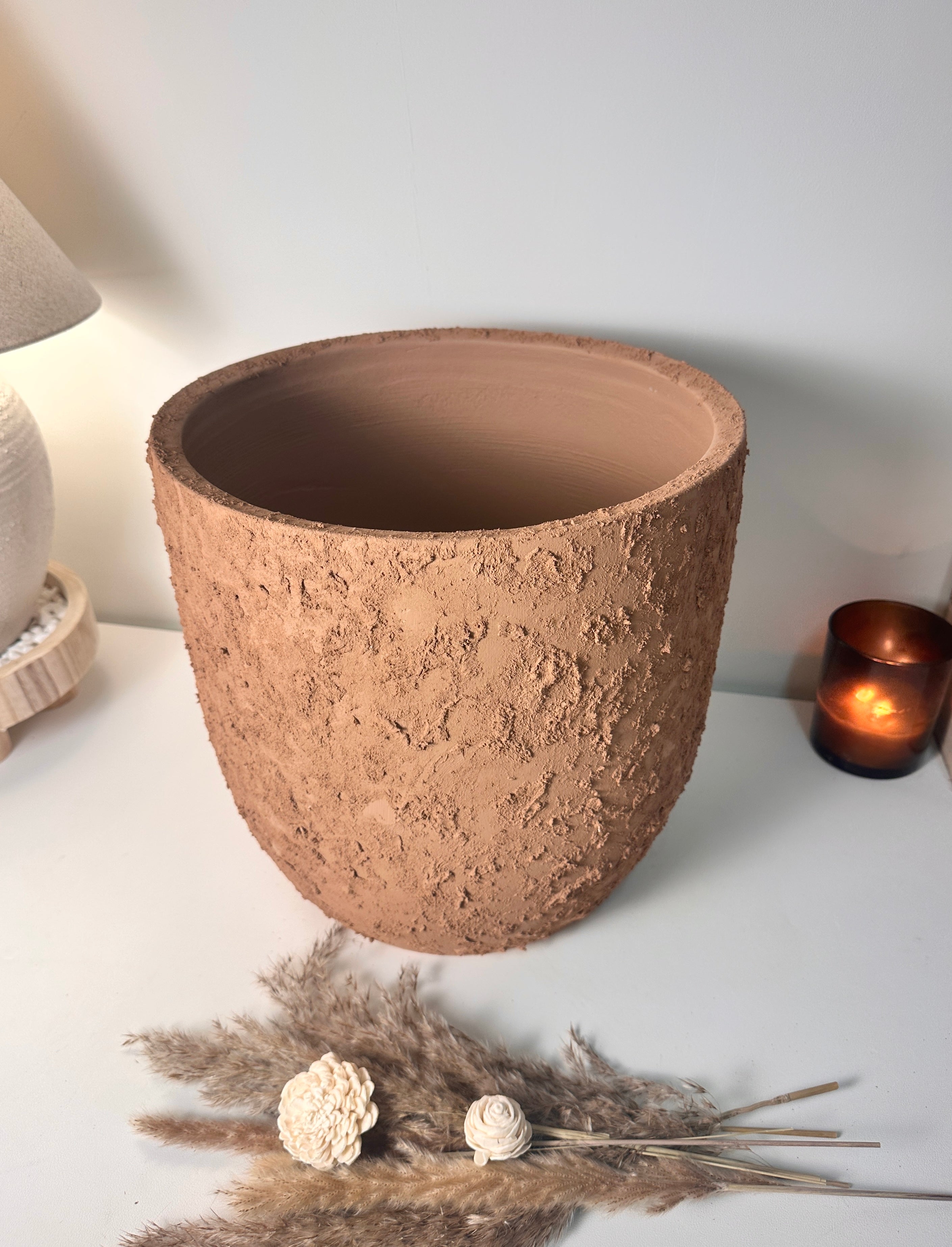 13.5" Minimalist Hand-Painted & Textured Planter Pot with Drainage Hole -Terracotta Brown