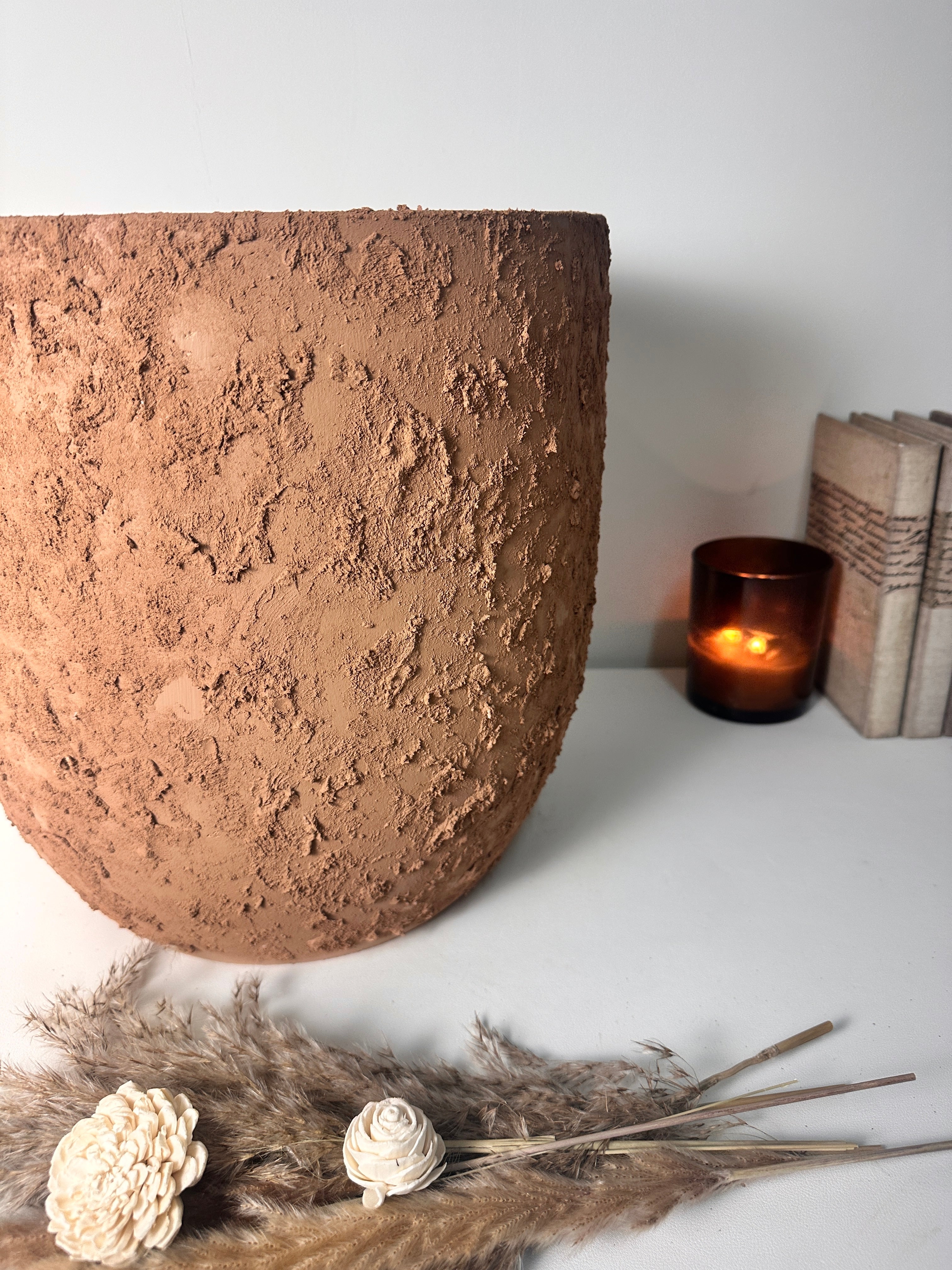 13.5" Minimalist Hand-Painted & Textured Planter Pot with Drainage Hole -Terracotta Brown