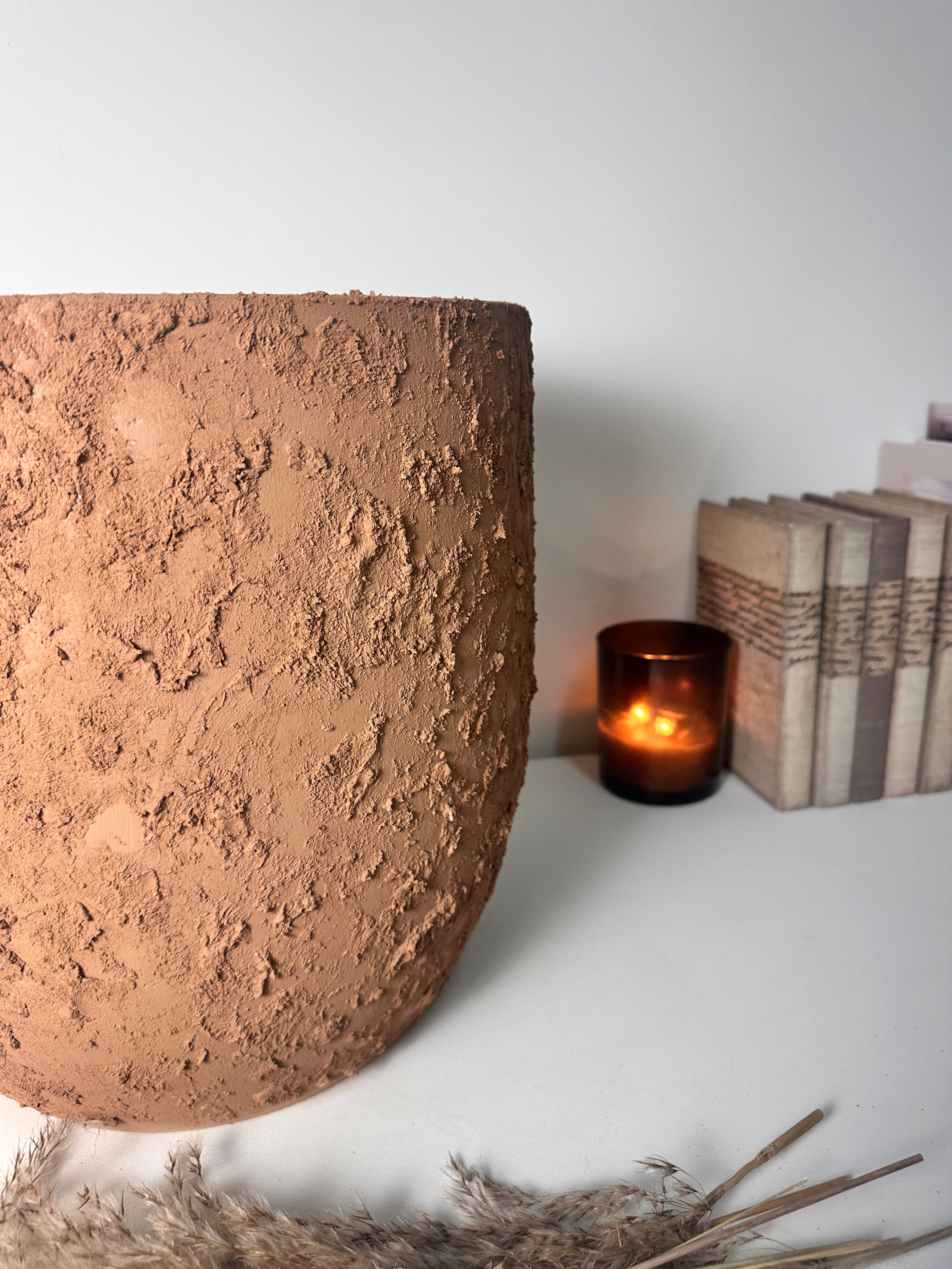13.5" Minimalist Hand-Painted & Textured Planter Pot with Drainage Hole -Terracotta Brown