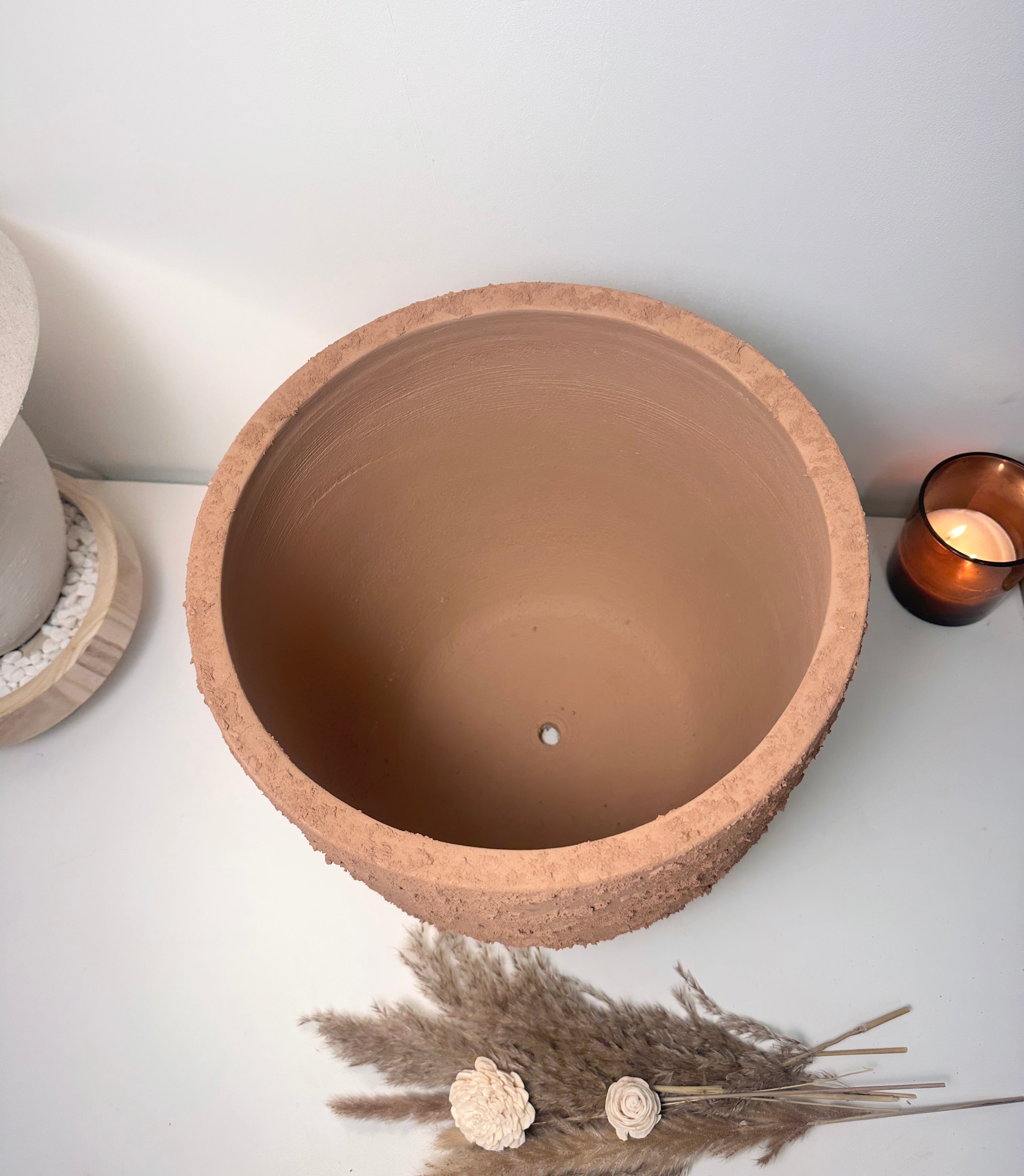 13.5" Minimalist Hand-Painted & Textured Planter Pot with Drainage Hole -Terracotta Brown