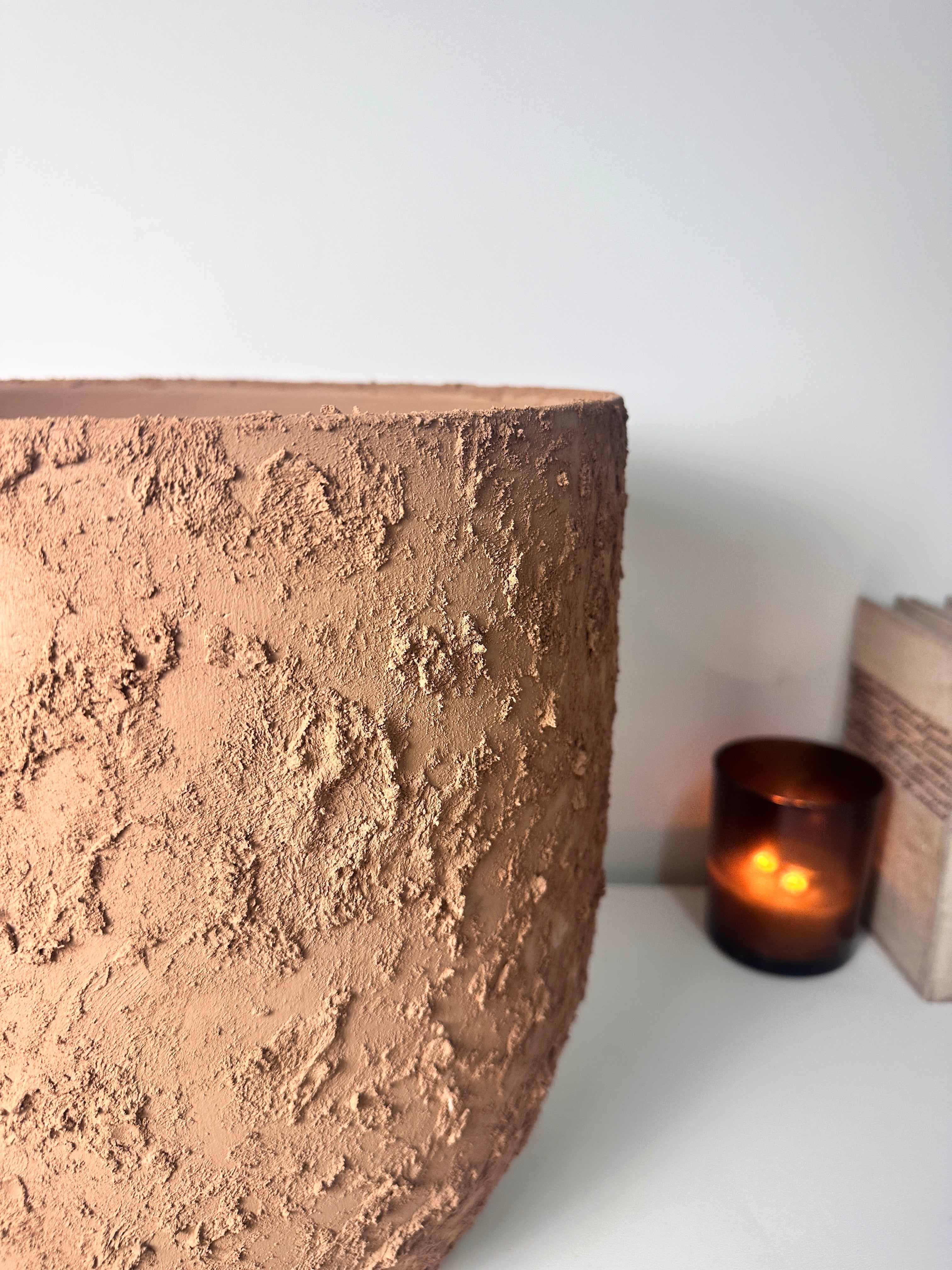 13.5" Minimalist Hand-Painted & Textured Planter Pot with Drainage Hole -Terracotta Brown