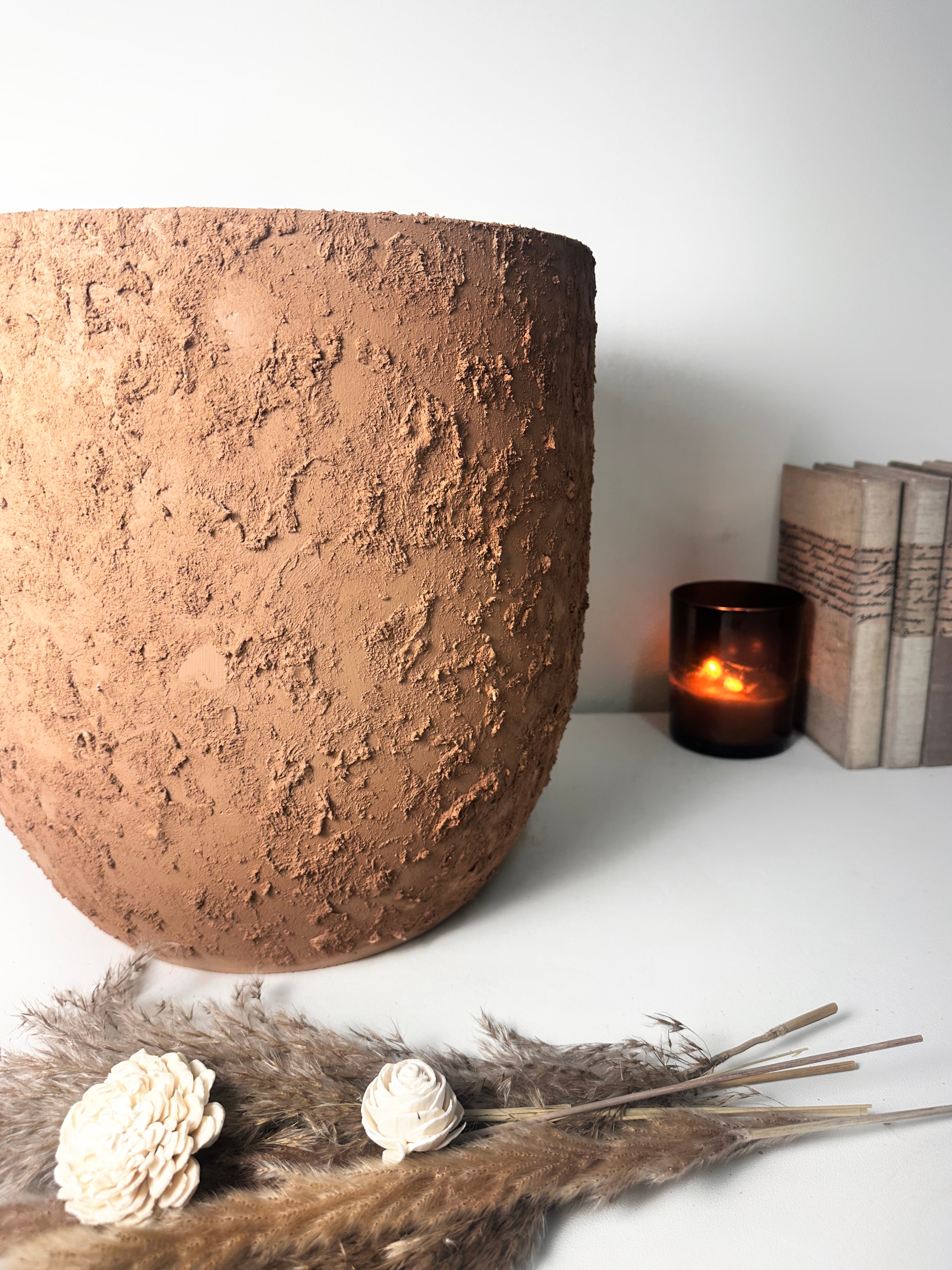 13.5" Minimalist Hand-Painted & Textured Planter Pot with Drainage Hole -Terracotta Brown