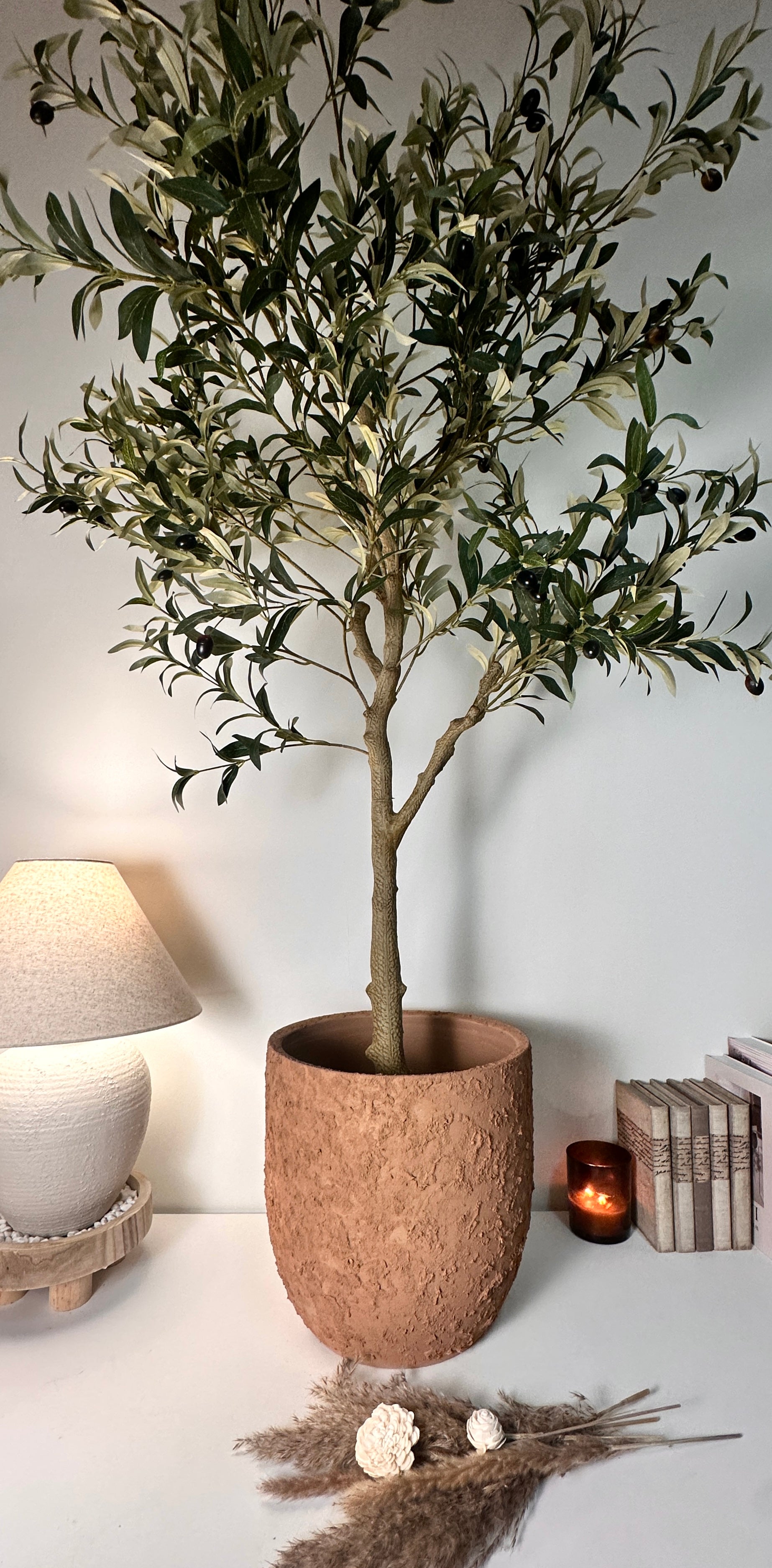 13.5" Minimalist Hand-Painted & Textured Planter Pot with Drainage Hole -Terracotta Brown