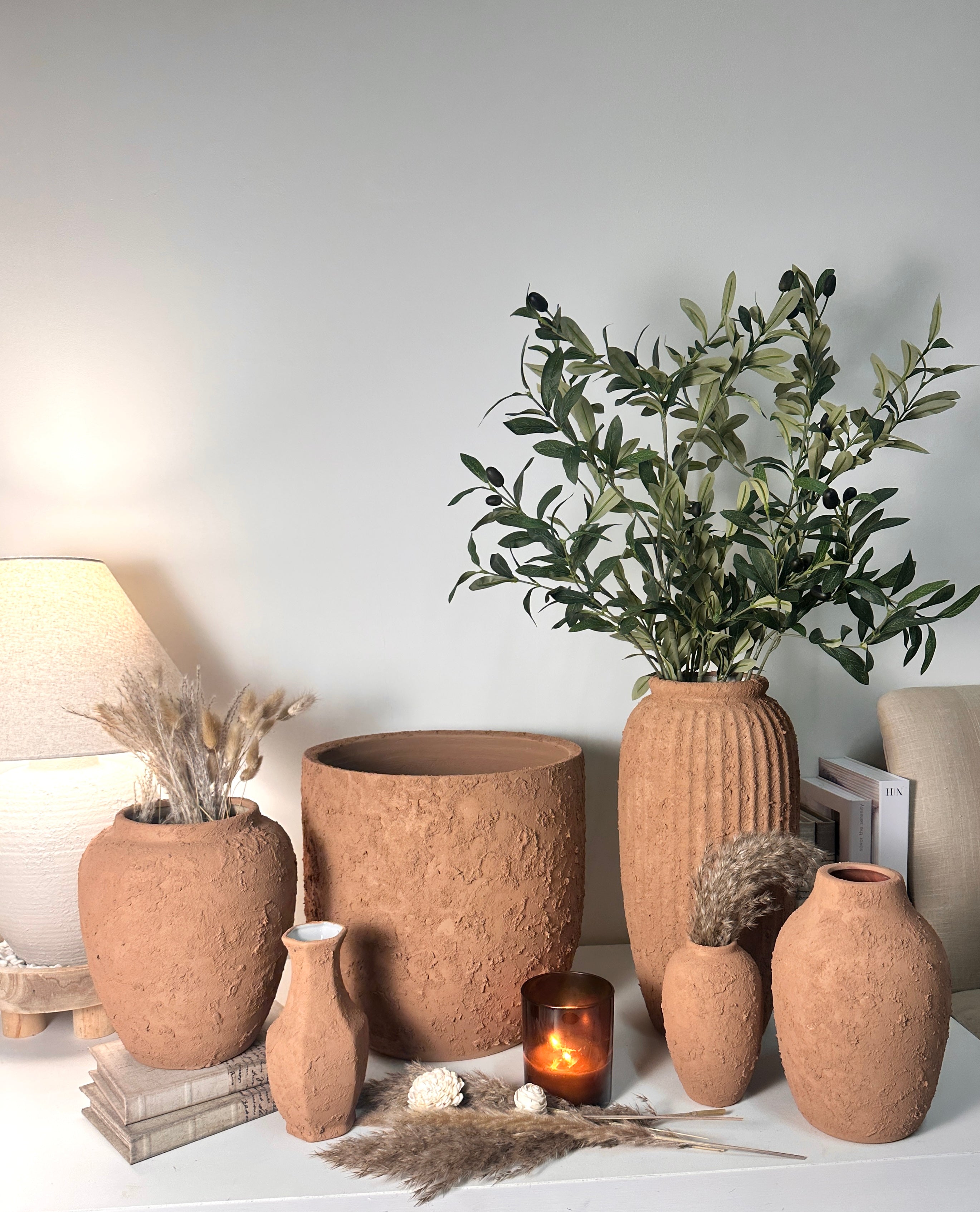 13.5" Minimalist Hand-Painted & Textured Planter Pot with Drainage Hole -Terracotta Brown