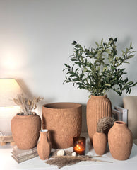 13.5" Minimalist Hand-Painted & Textured Planter Pot with Drainage Hole -Terracotta Brown