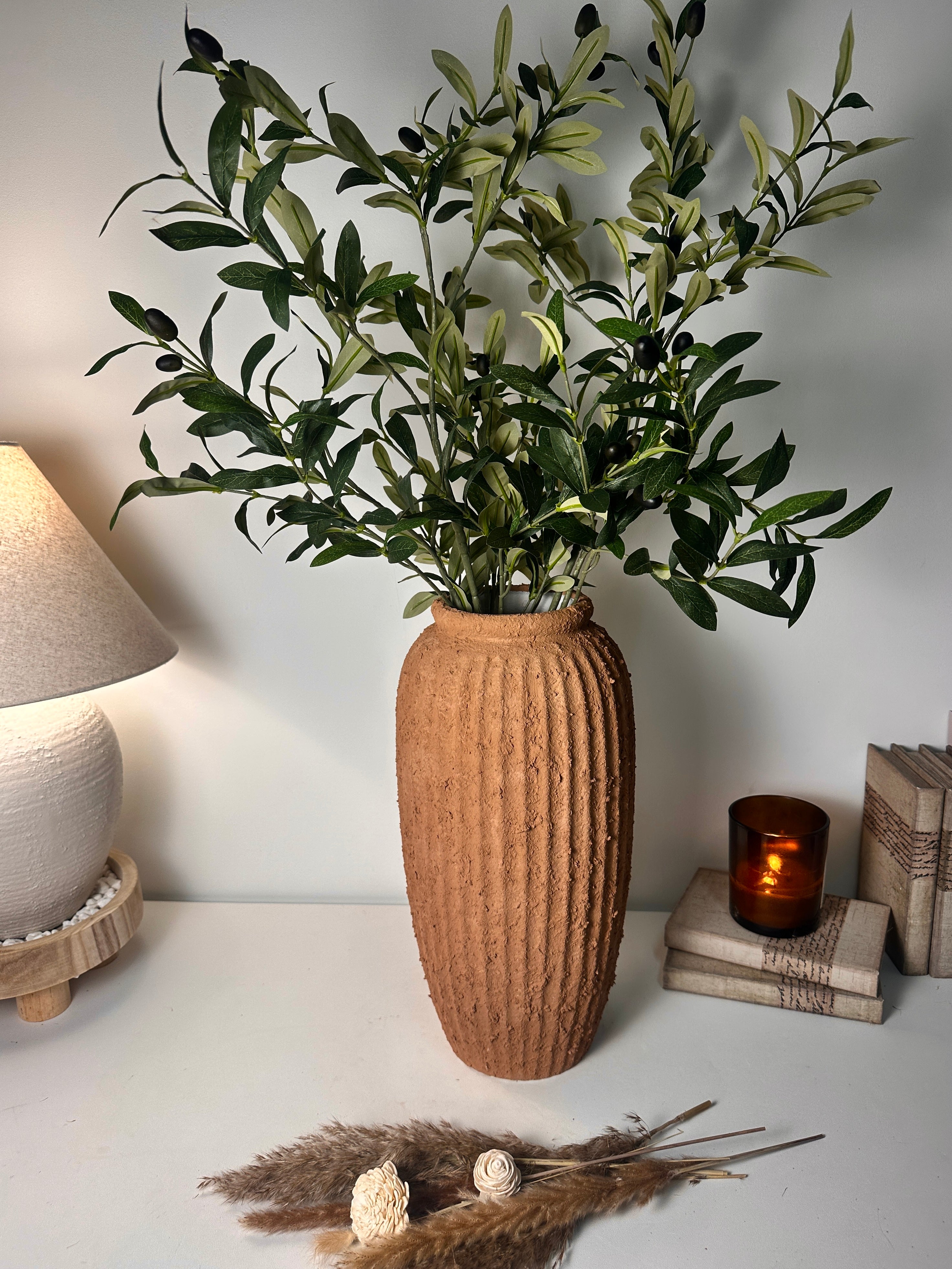 Rustic Ceramic Rounded Vase Textured Handcrafted 17.5" tall - Terracotta Brown