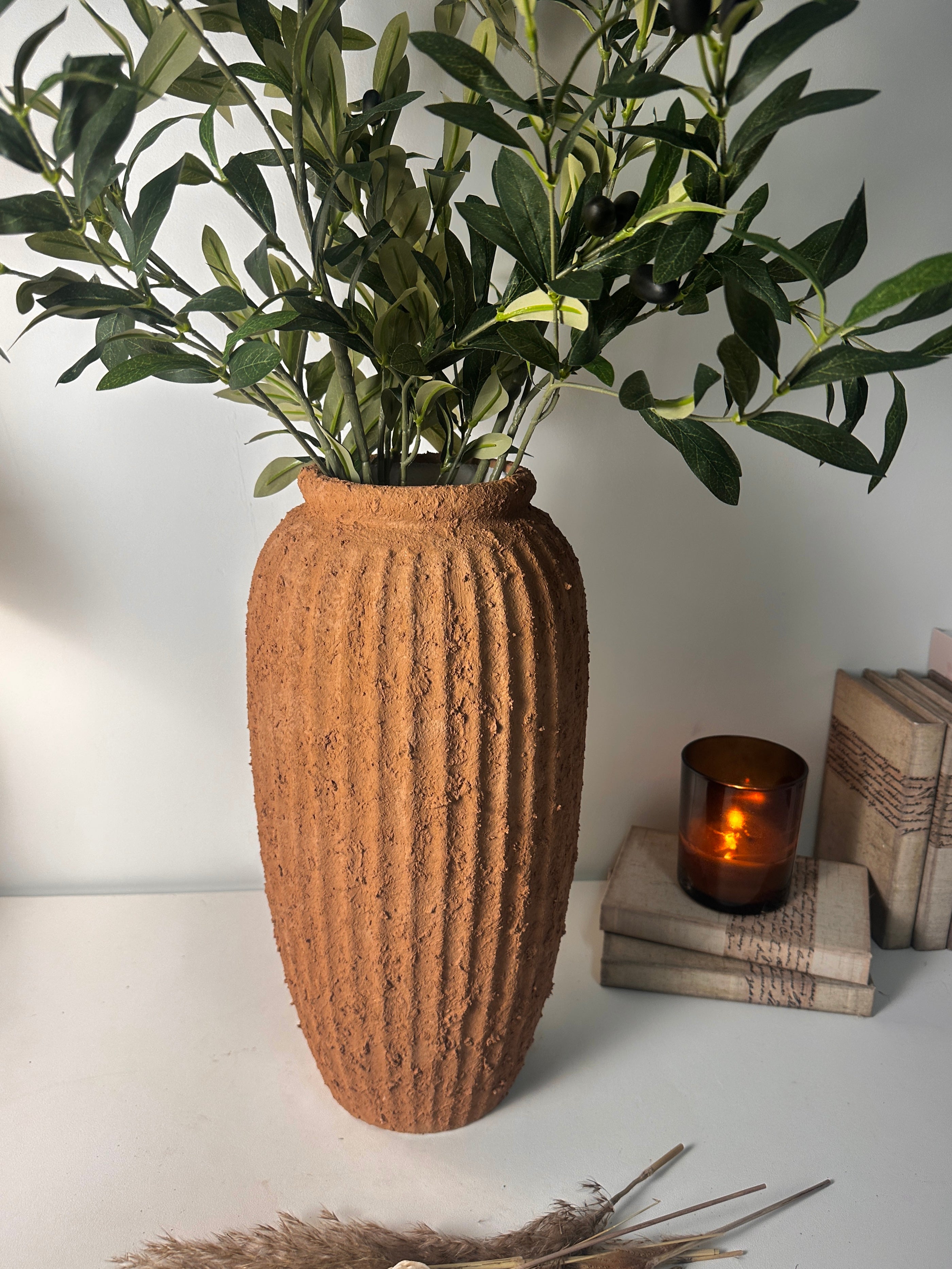 Rustic Ceramic Rounded Vase Textured Handcrafted 17.5" tall - Terracotta Brown
