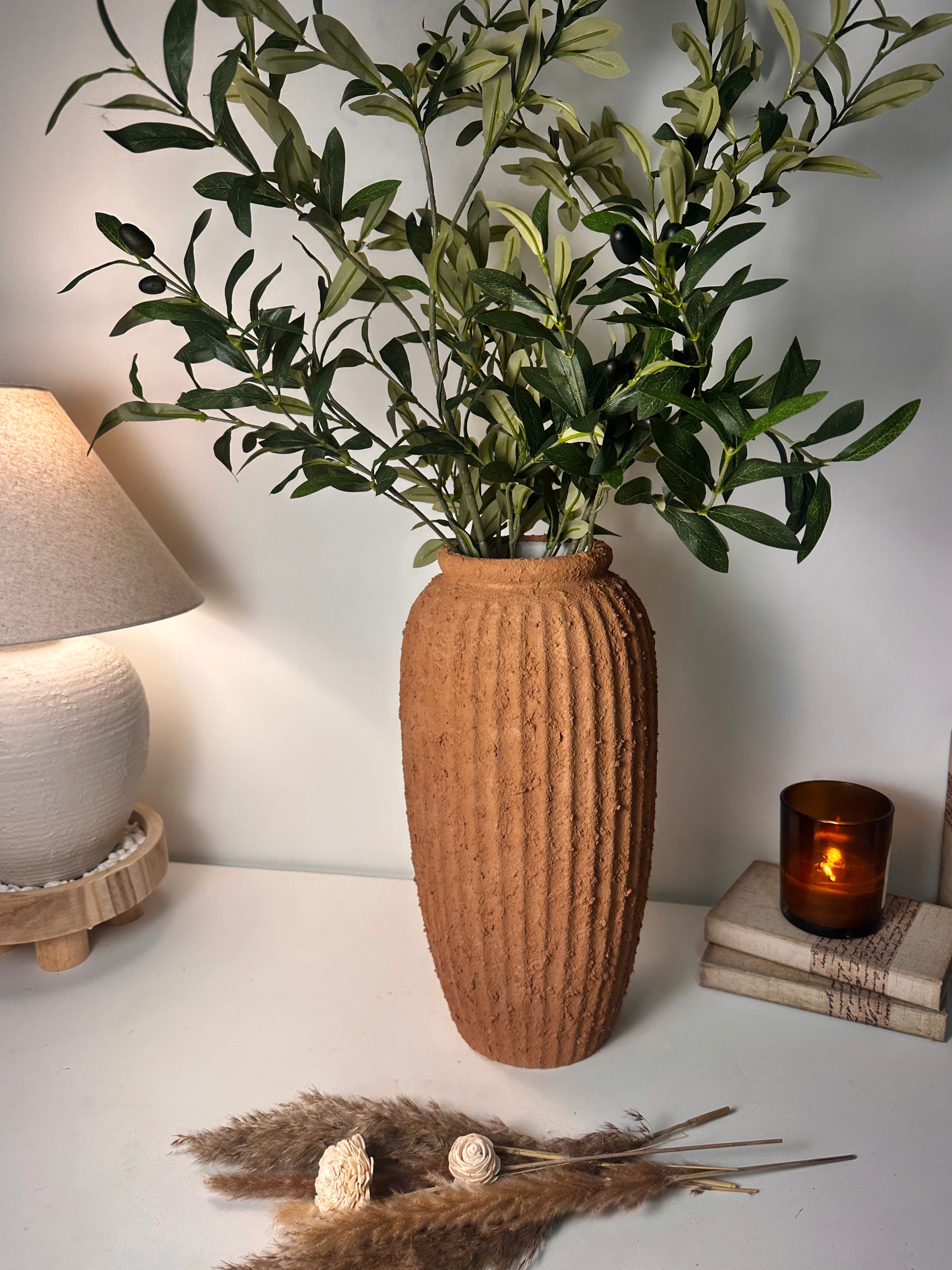 Rustic Ceramic Rounded Vase Textured Handcrafted 17.5" tall - Terracotta Brown