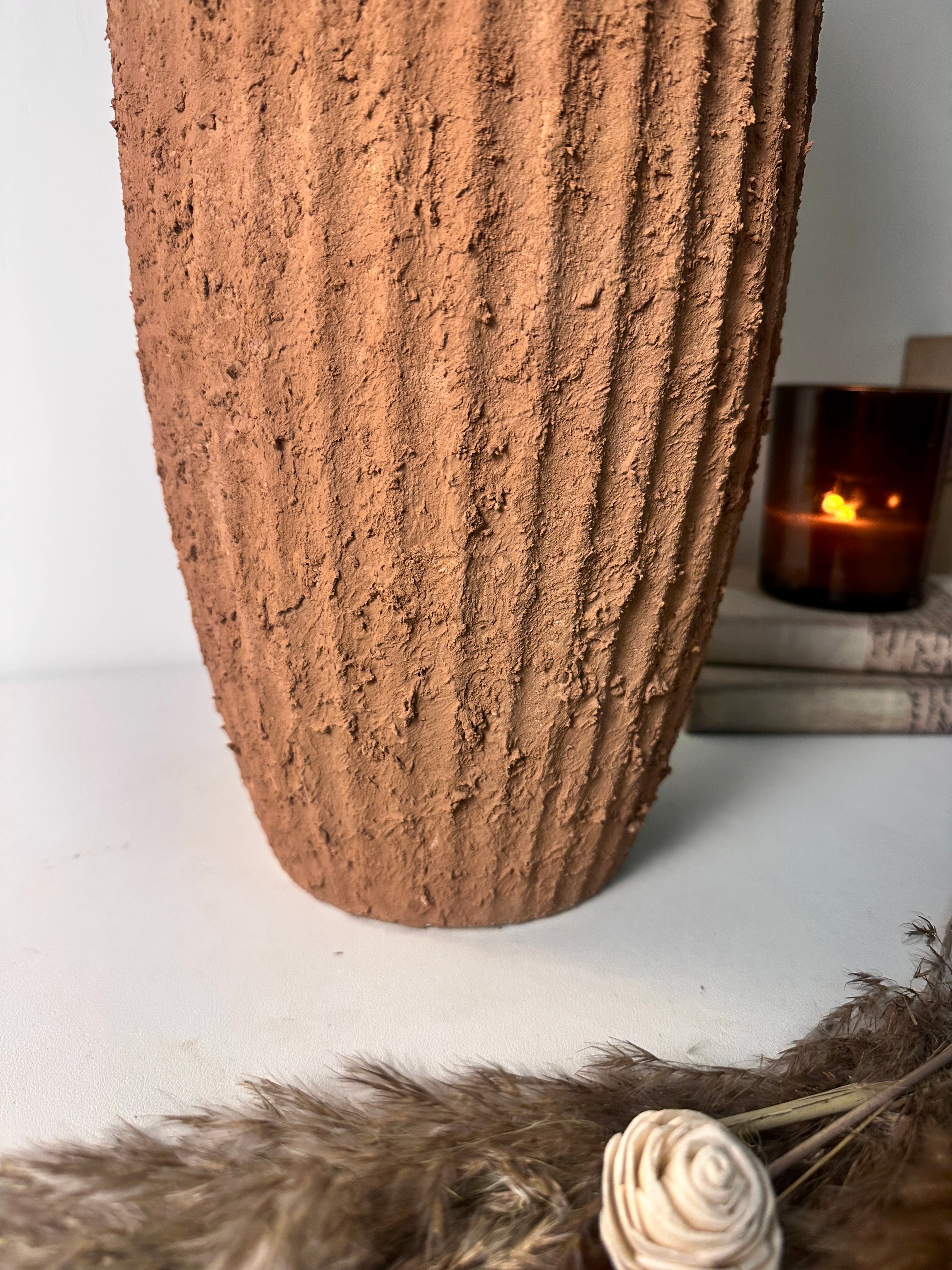 Rustic Ceramic Rounded Vase Textured Handcrafted 17.5" tall - Terracotta Brown