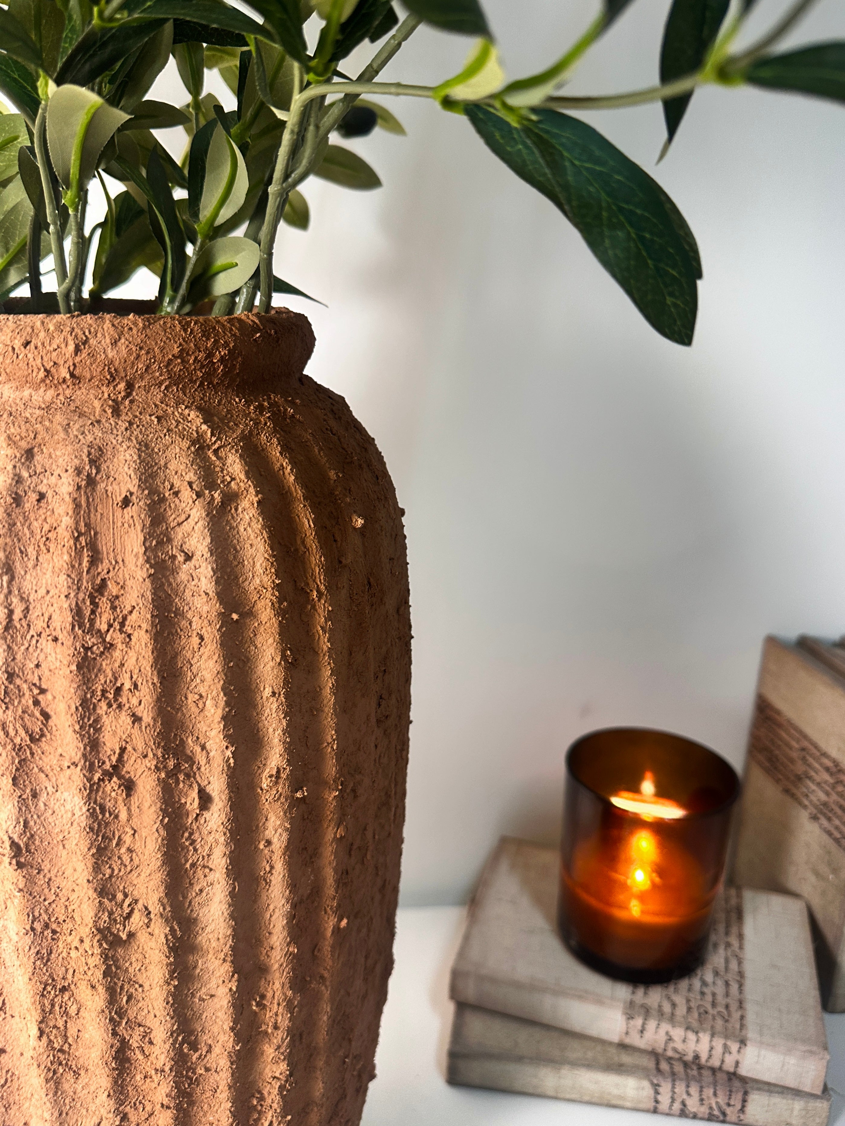 Rustic Ceramic Rounded Vase Textured Handcrafted 17.5" tall - Terracotta Brown