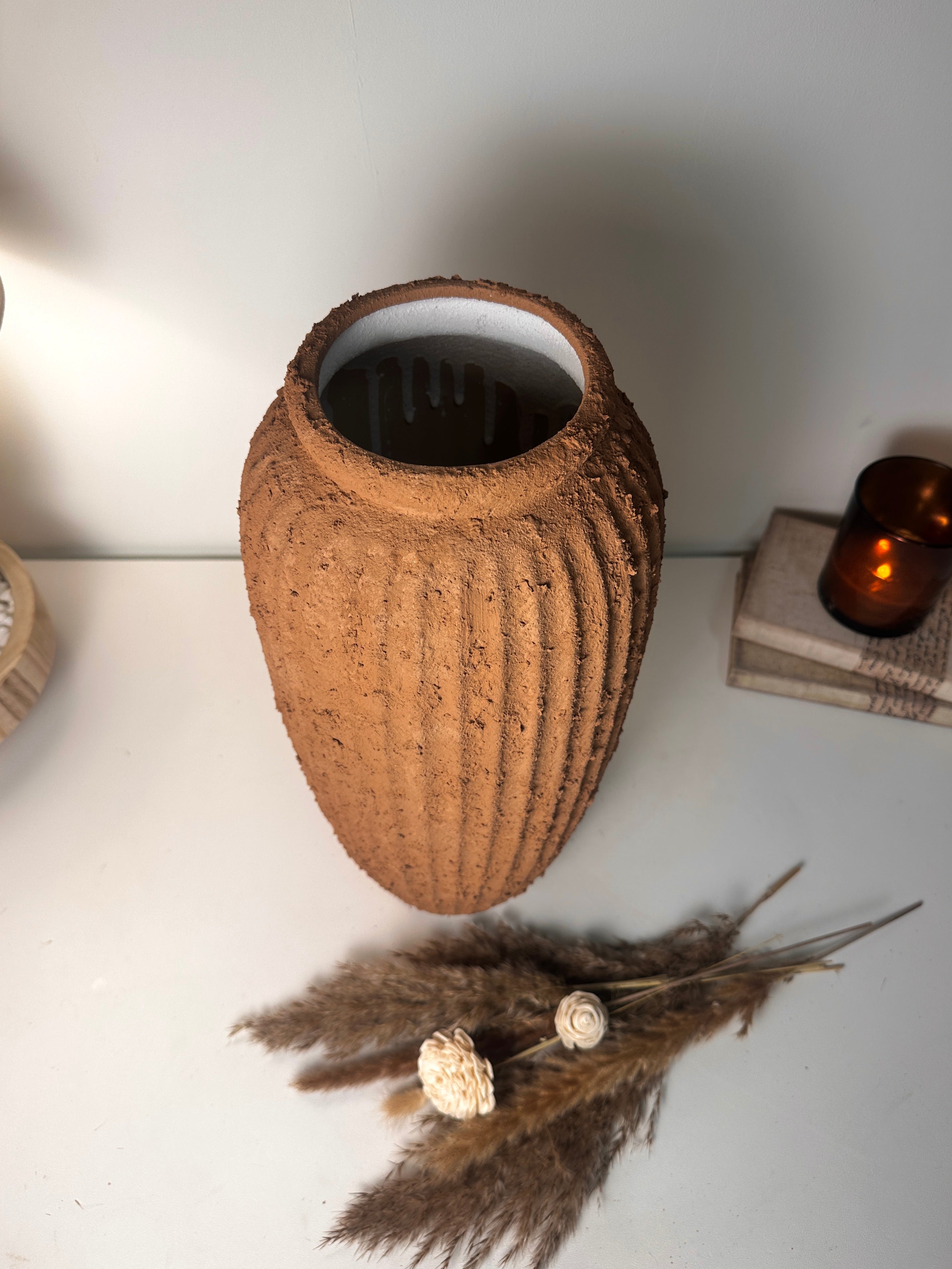 Rustic Ceramic Rounded Vase Textured Handcrafted 17.5" tall - Terracotta Brown