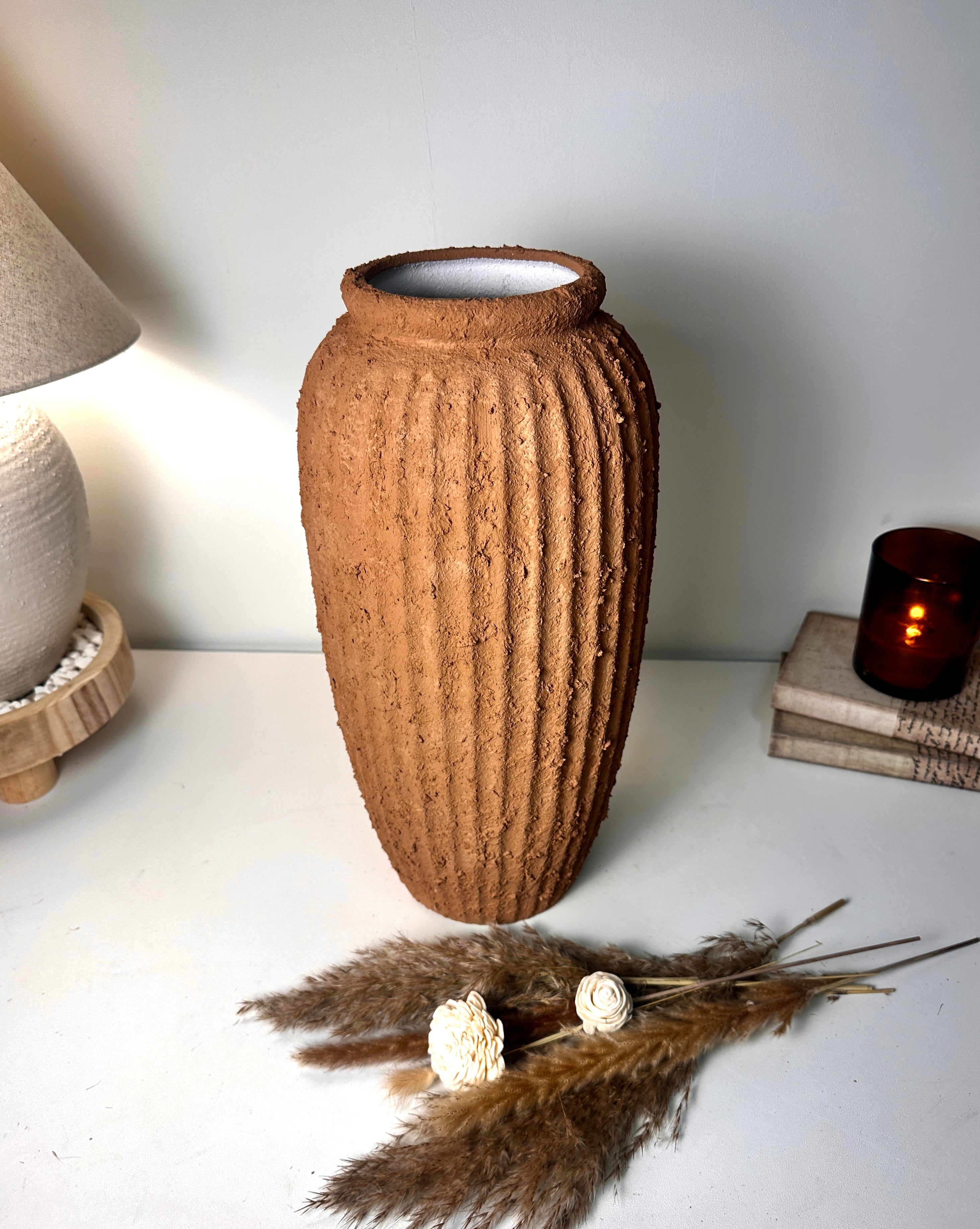 Rustic Ceramic Rounded Vase Textured Handcrafted 17.5" tall - Terracotta Brown