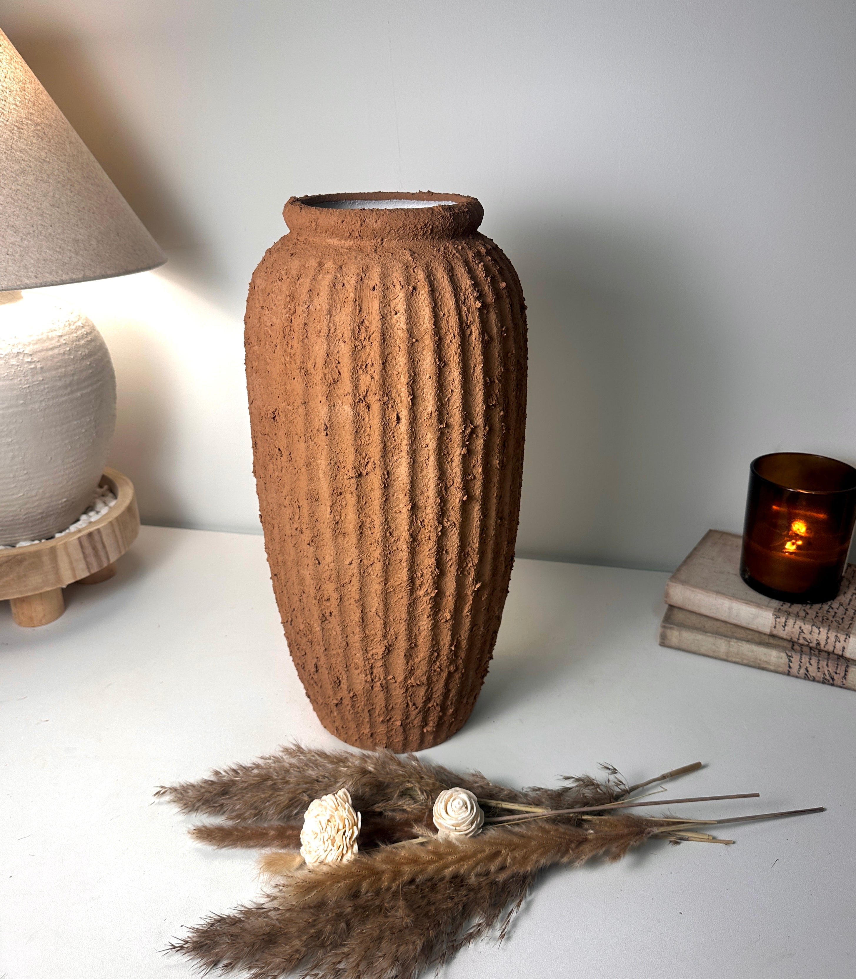 Rustic Ceramic Rounded Vase Textured Handcrafted 17.5" tall - Terracotta Brown