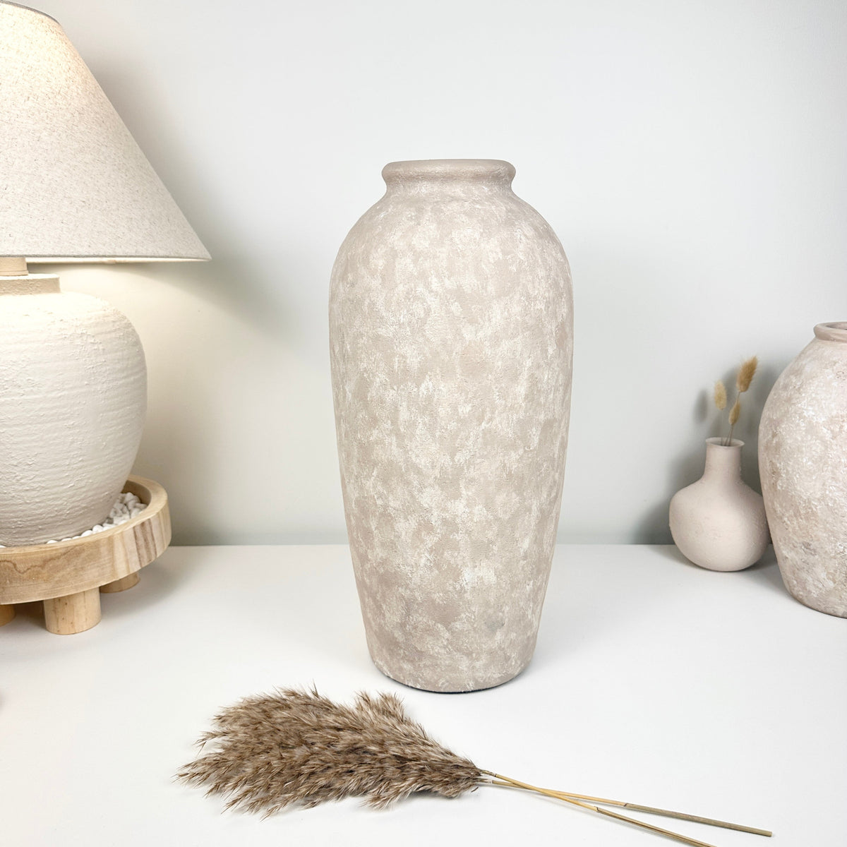 Charming Ceramic Floor or Table Vase Beige Washed 18" tall