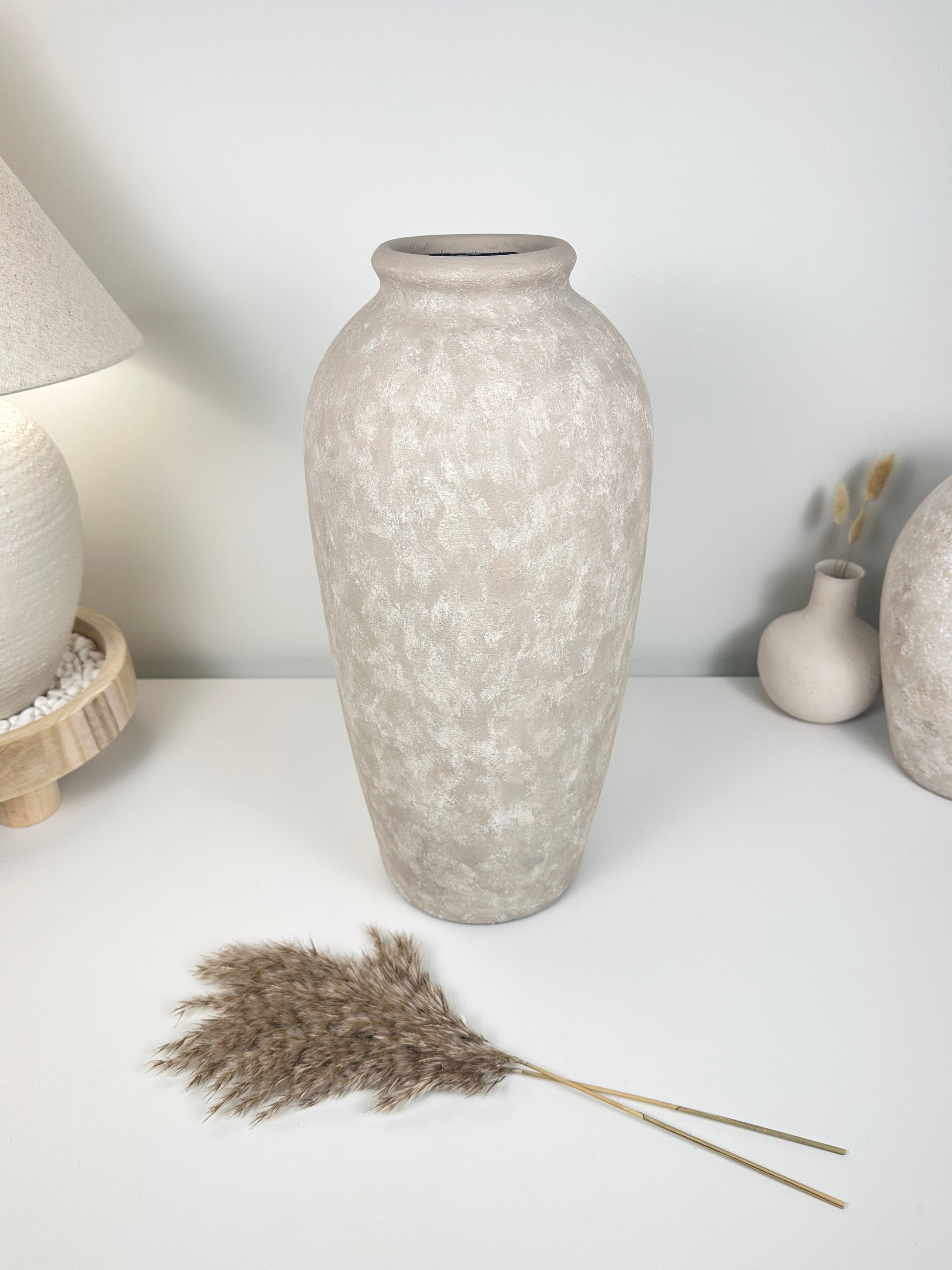 Charming Ceramic Floor or Table Vase Beige Washed 18" tall