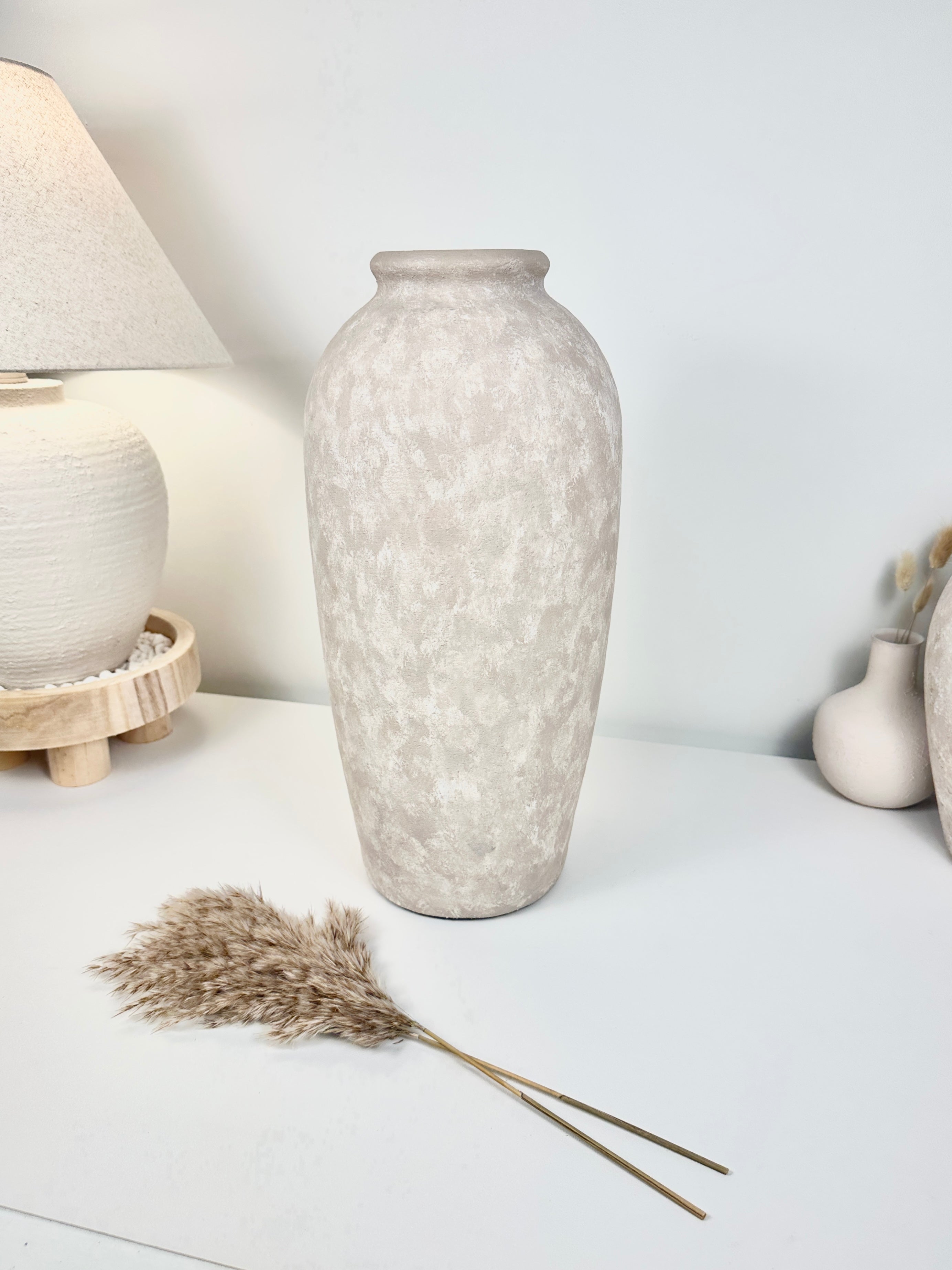 Charming Ceramic Floor or Table Vase Beige Washed 18" tall