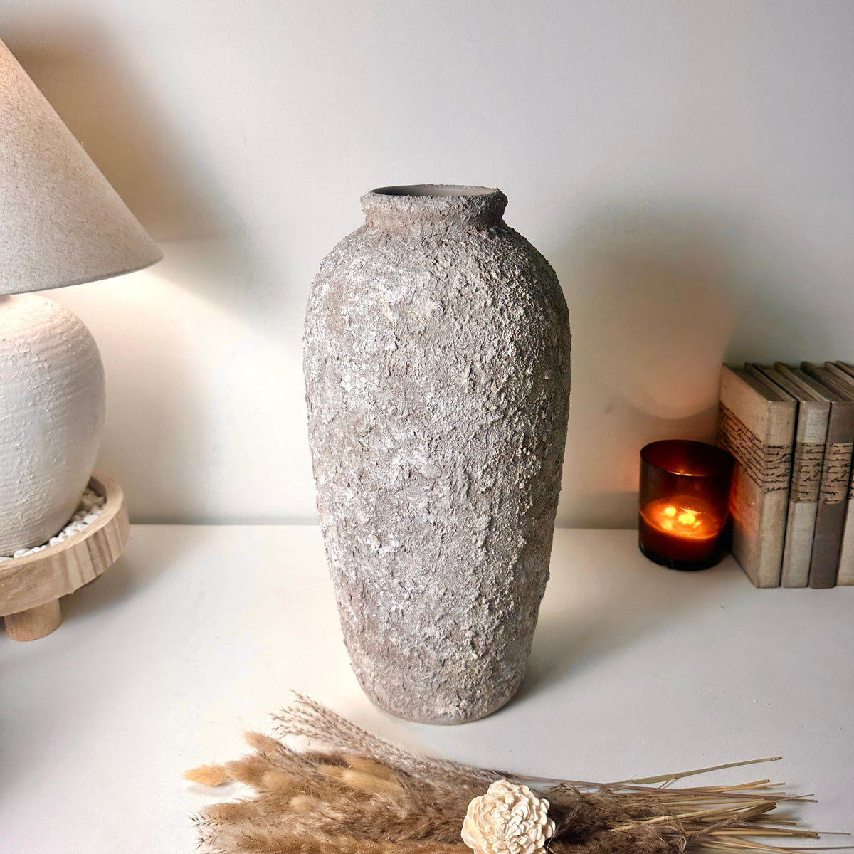 Rustic Hand-Painted Ceramic Round Bottle Vase 17.5" tall - Beige Wash