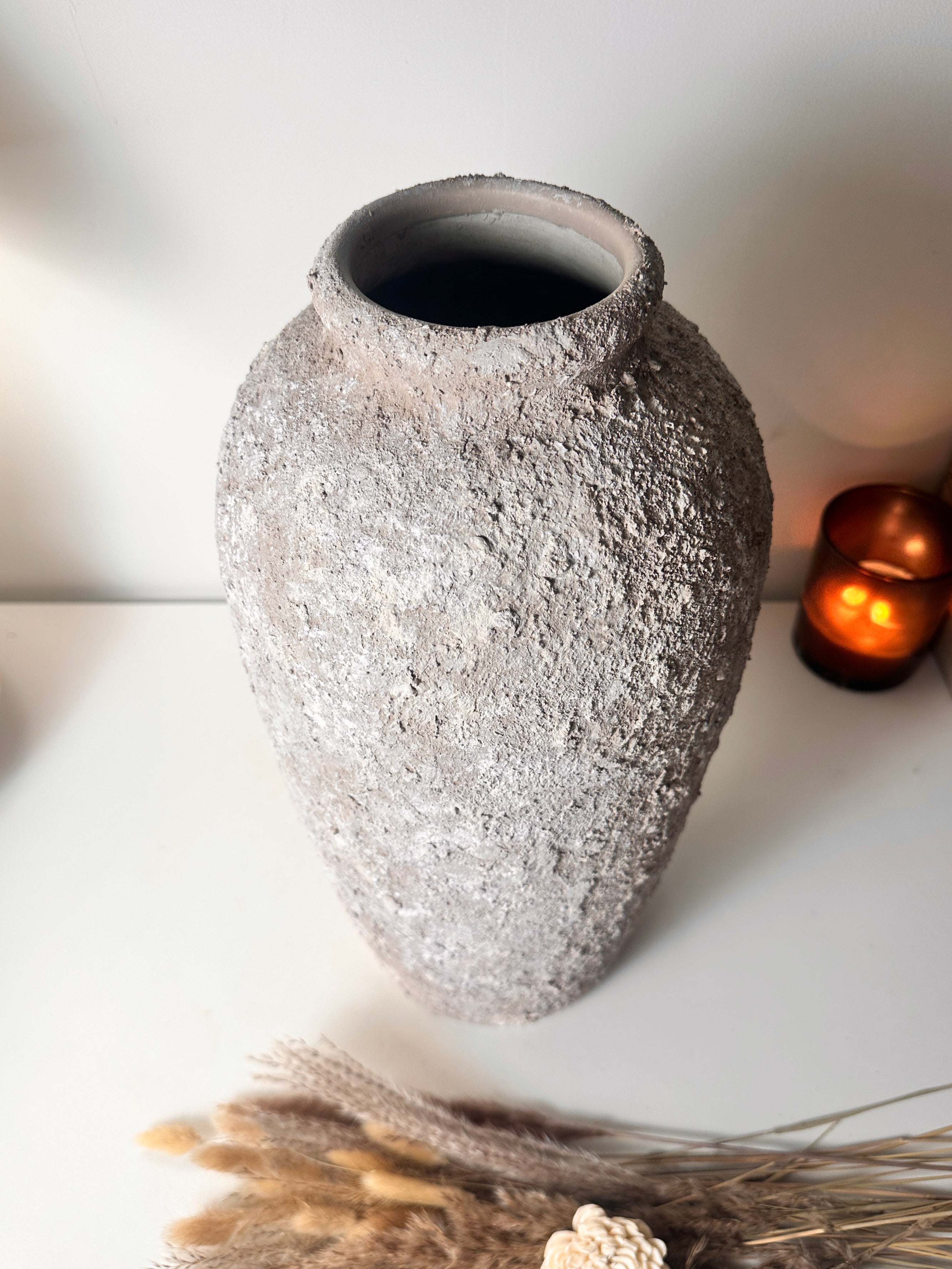 Rustic Hand-Painted Ceramic Round Bottle Vase 17.5" tall - Beige Wash