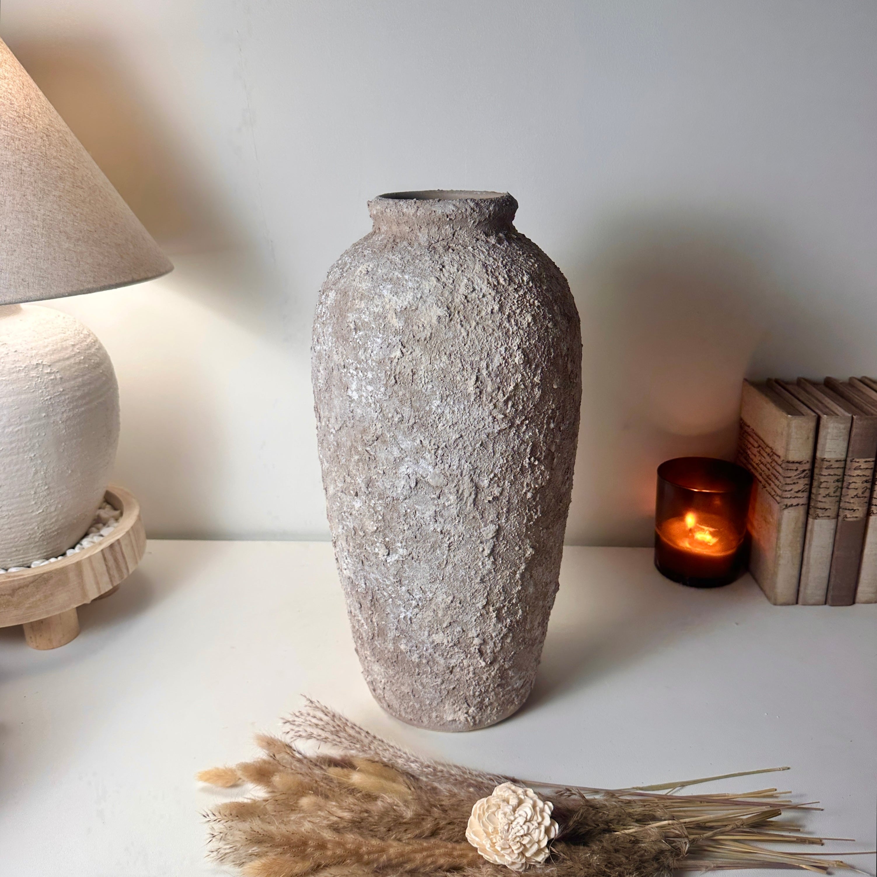 Rustic Hand-Painted Ceramic Round Bottle Vase 17.5" tall - Beige Wash