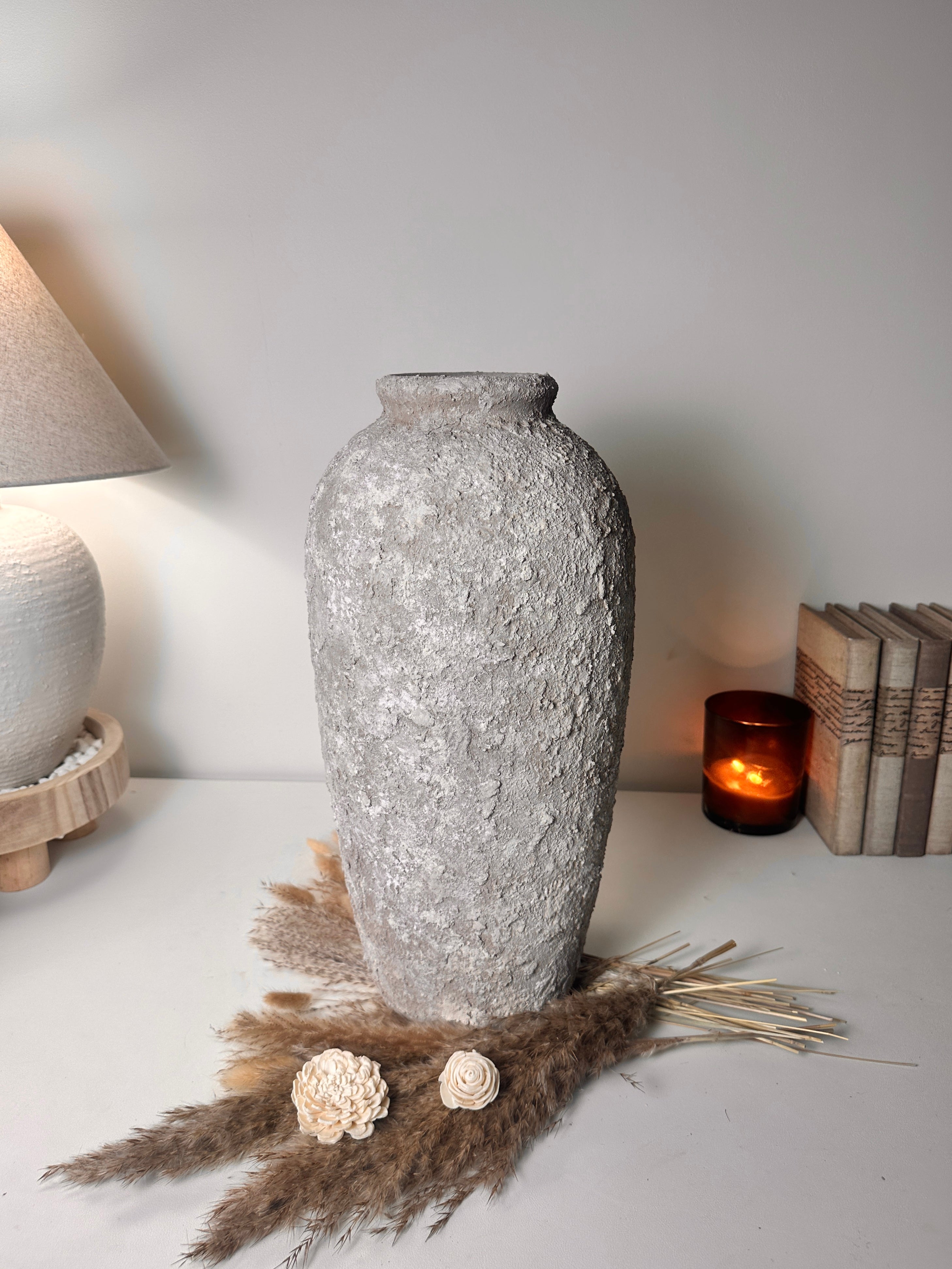 Rustic Hand-Painted Ceramic Round Bottle Vase 17.5" tall - Beige Wash