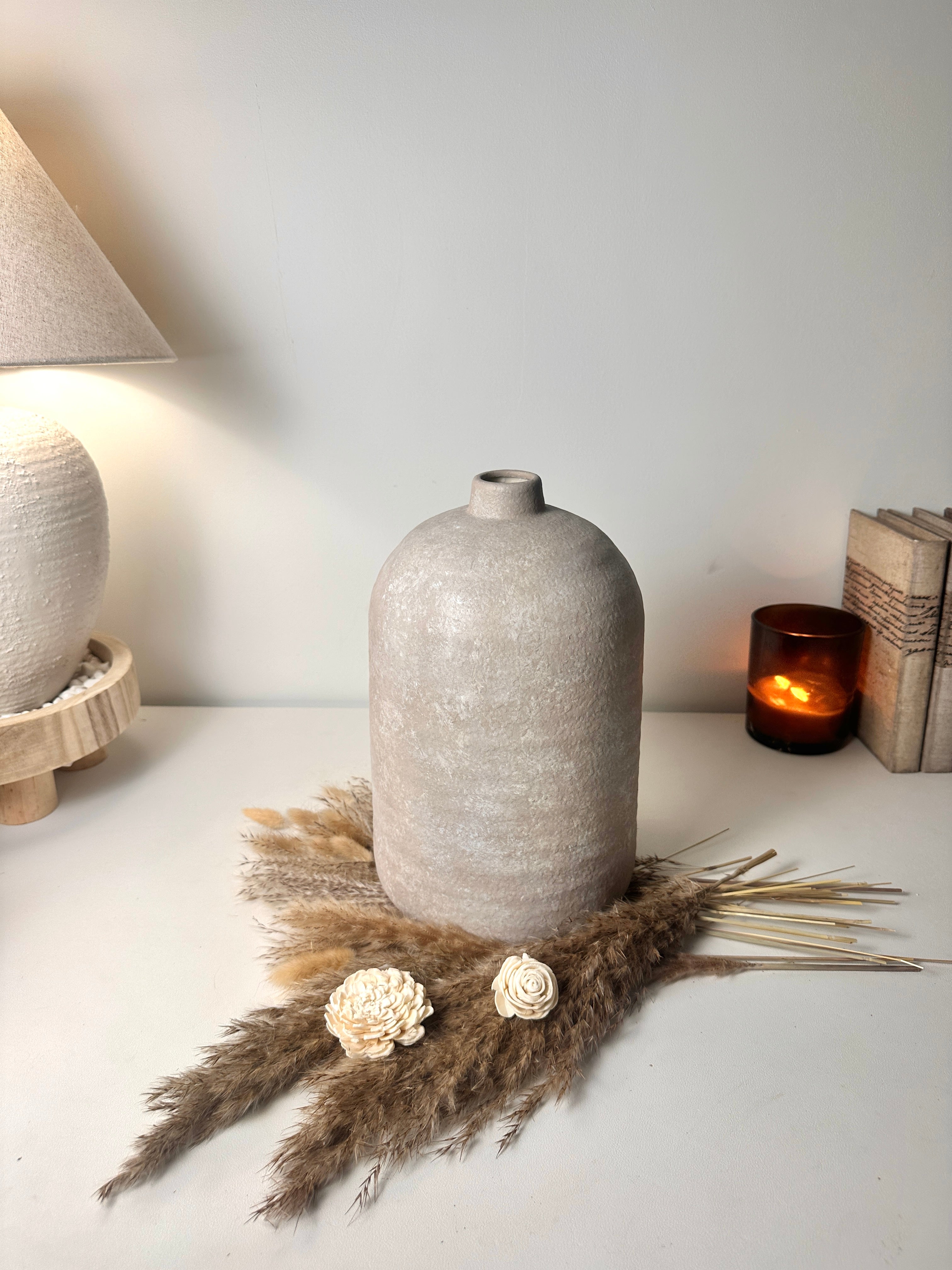 Rustic Ceramic Jar Vase Textured Handcrafted 12" tall - Beige Wash