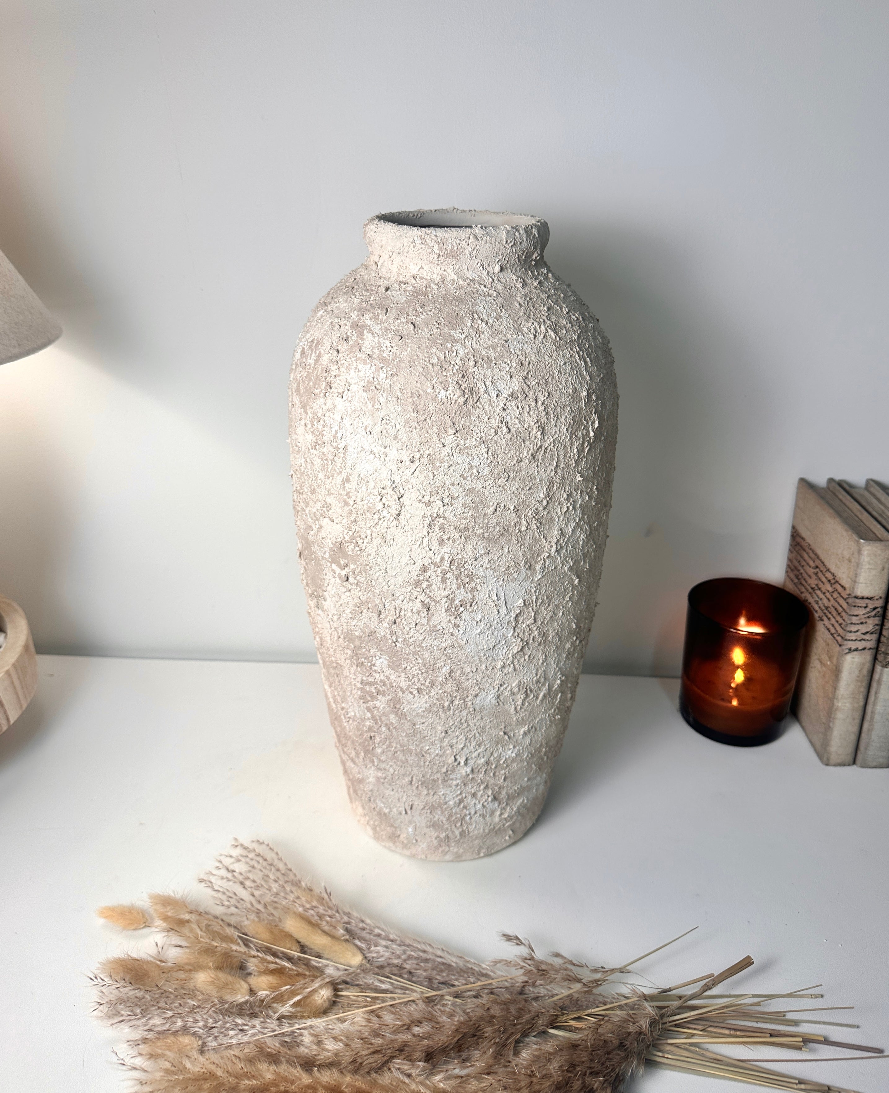 Minimalist Textured Hand-painted Ceramic Vase 17.5" tall - Cream Sand wash (Model A)