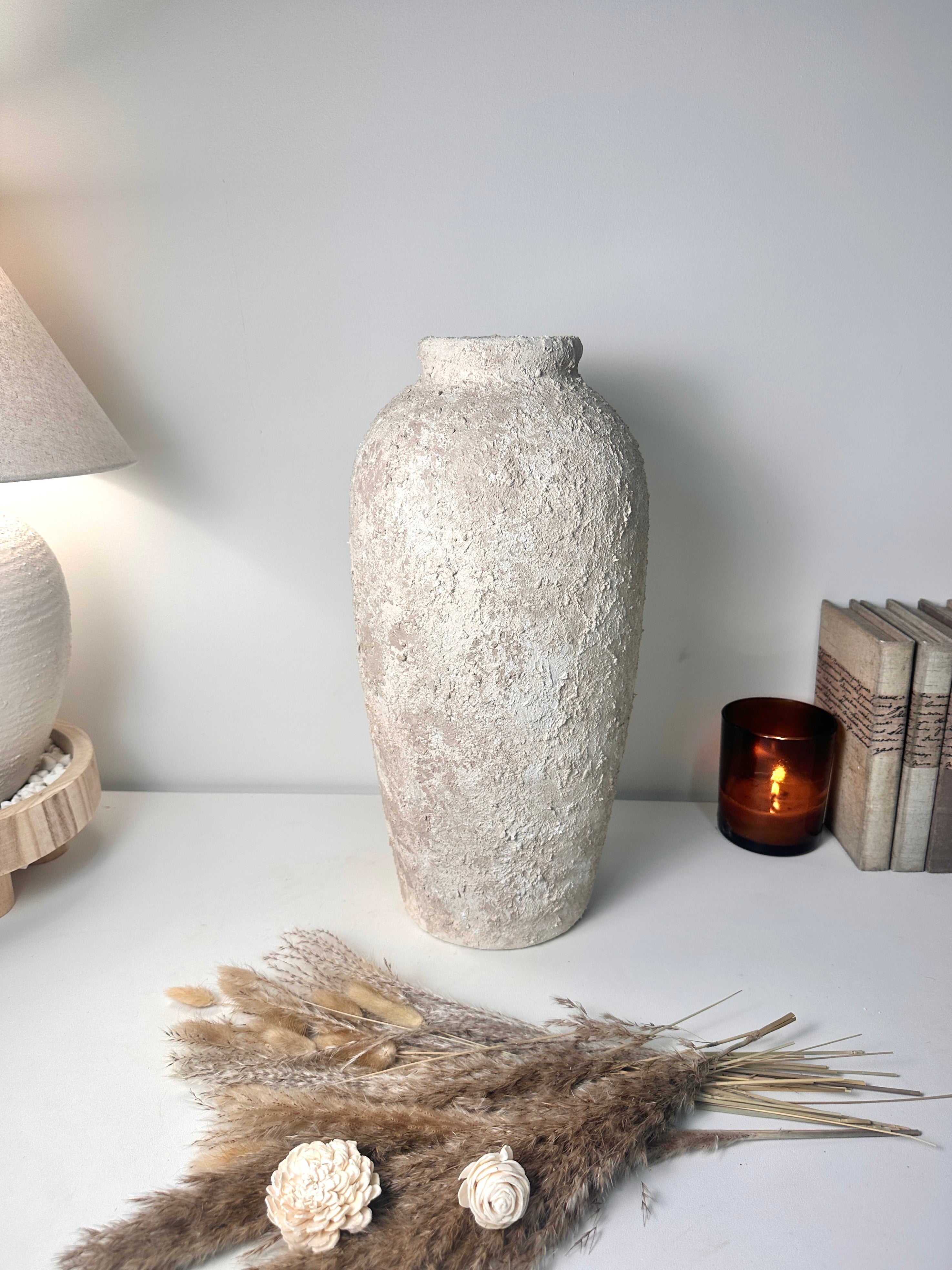 Minimalist Textured Hand-painted Ceramic Vase 17.5" tall - Cream Sand wash (Model A)